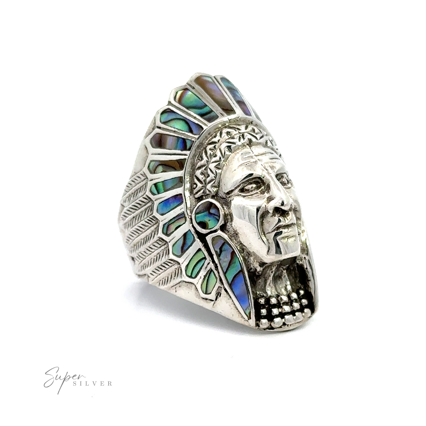 
                  
                    An Inlay Chief Ring with a Native American chief wearing a traditional headdress.
                  
                