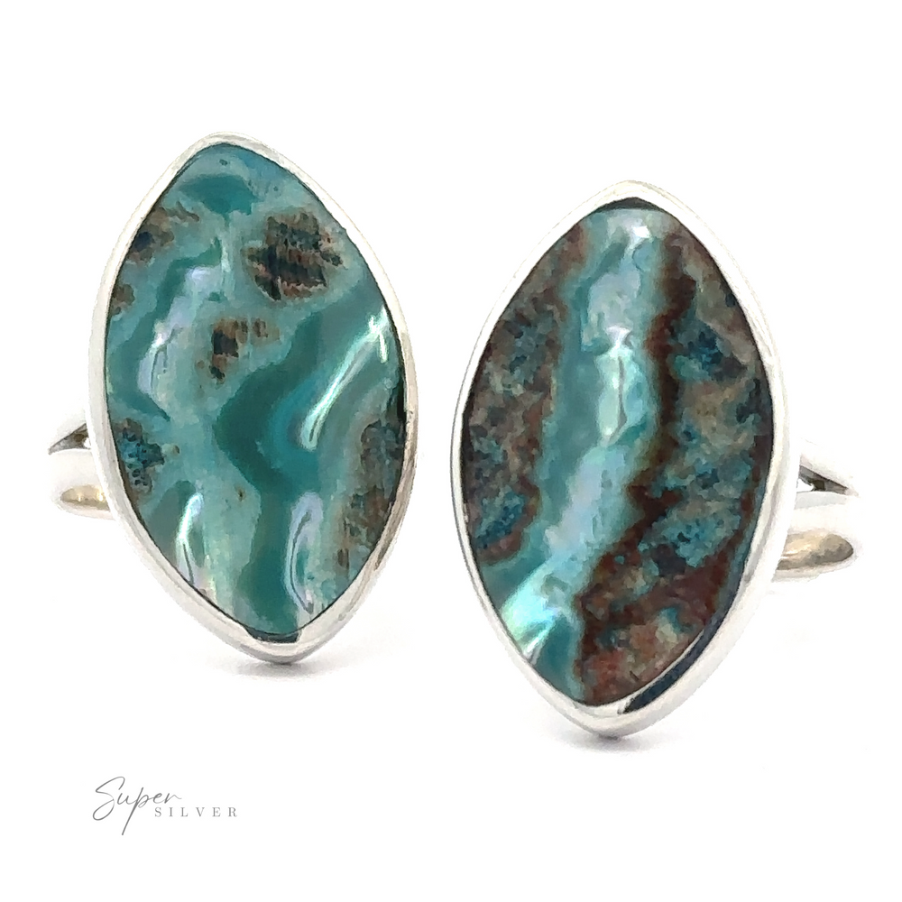 Pair of Dyed Natural Abalone rings with sterling silver bands.