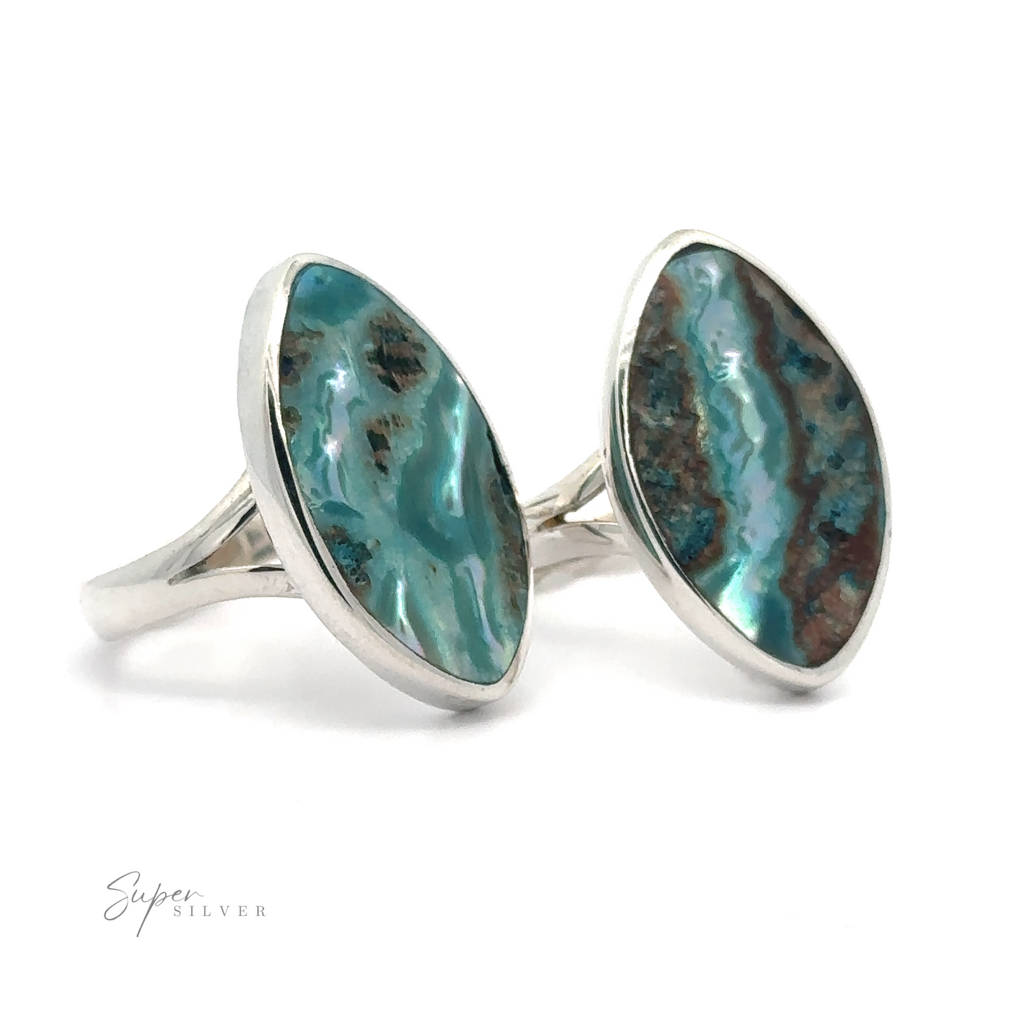 Dyed Natural Abalone Ring with oval turquoise gemstone inlays.
