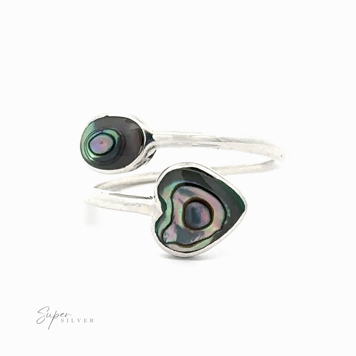 
                  
                    Adjustable Inlay Stone Heart Ring with Abalone and Mother of Pearl with two different shaped paua shell inlays on a white background, inspired by the ocean.
                  
                