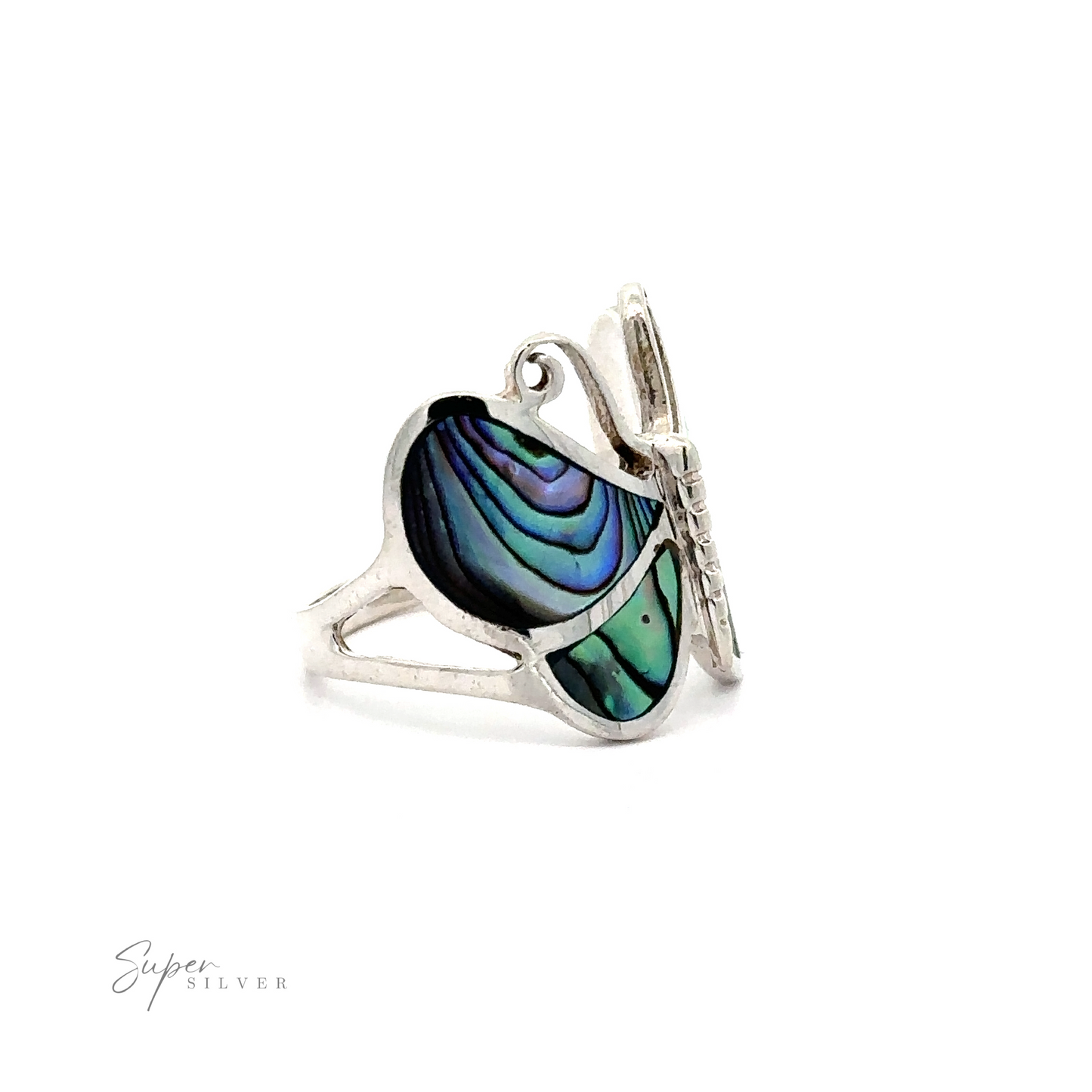
                  
                    Bold Butterfly Ring with Inlaid Stones featuring sections of iridescent blue and green material.
                  
                