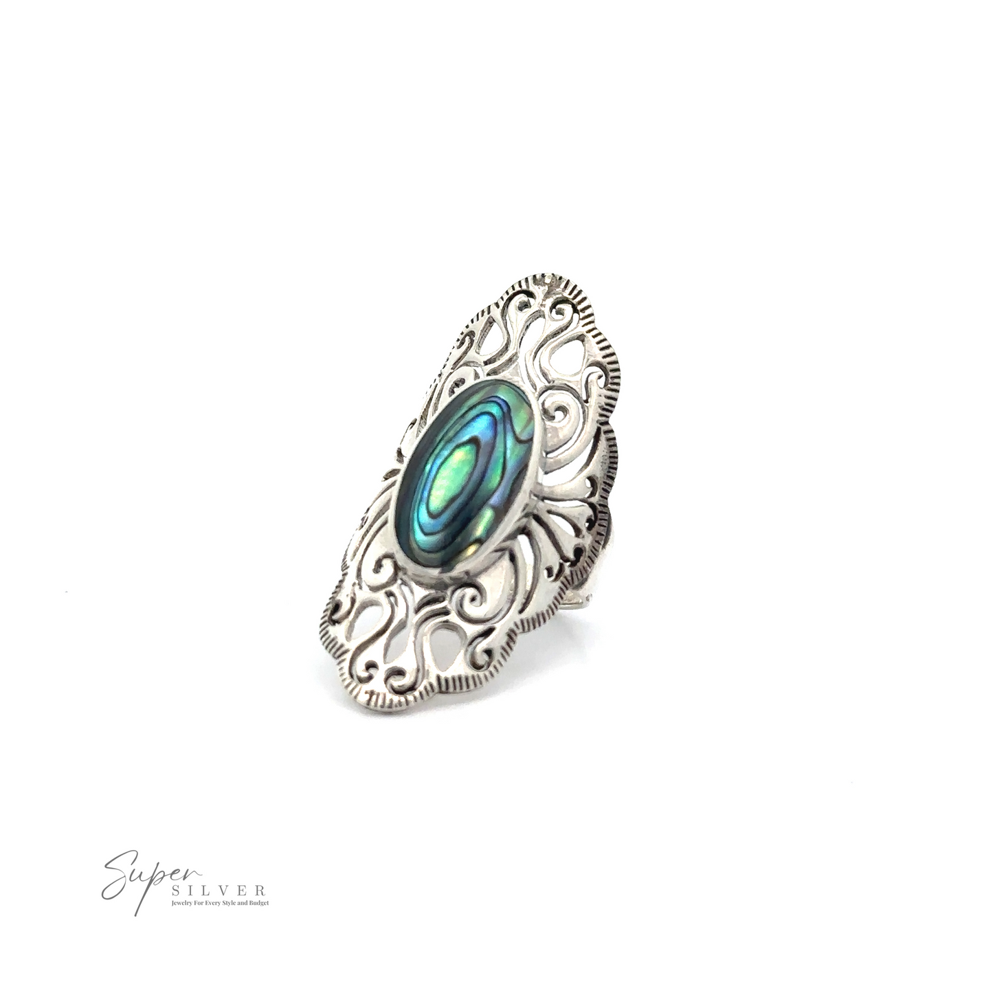 
                  
                    A Long Vintage-Inspired Filigree Ring With Inlaid Stone with an intricate design featuring a central green and blue stone on a white background. The logo "Super Silver Mexico" is visible in the bottom-left corner, adding vintage charm to this standout jewelry piece.
                  
                