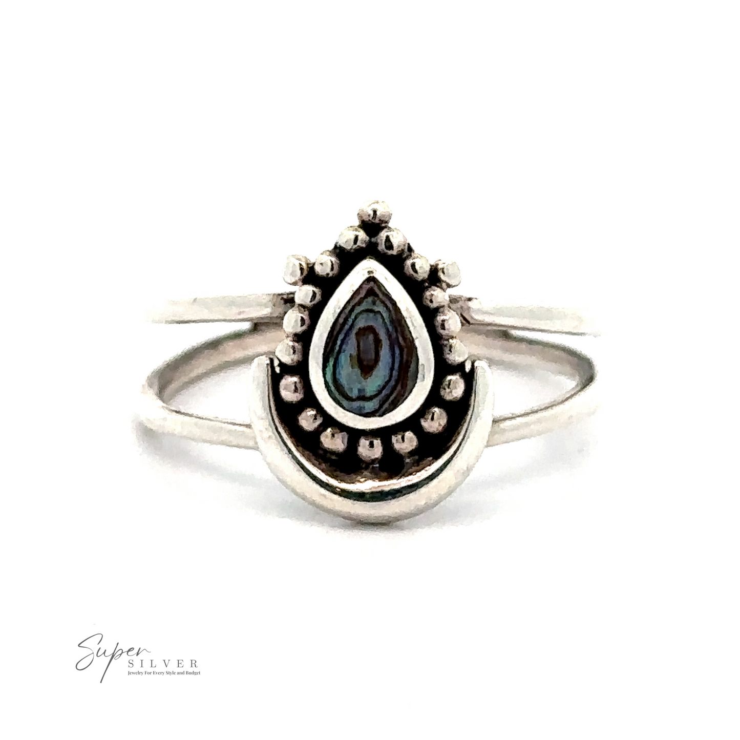 
                  
                    A Teardrop Ring With Inlaid Stone and Crescent Moon featuring a teardrop-shaped setting with a central iridescent stone, surrounded by small circular decorations, and a crescent moon at the base.
                  
                