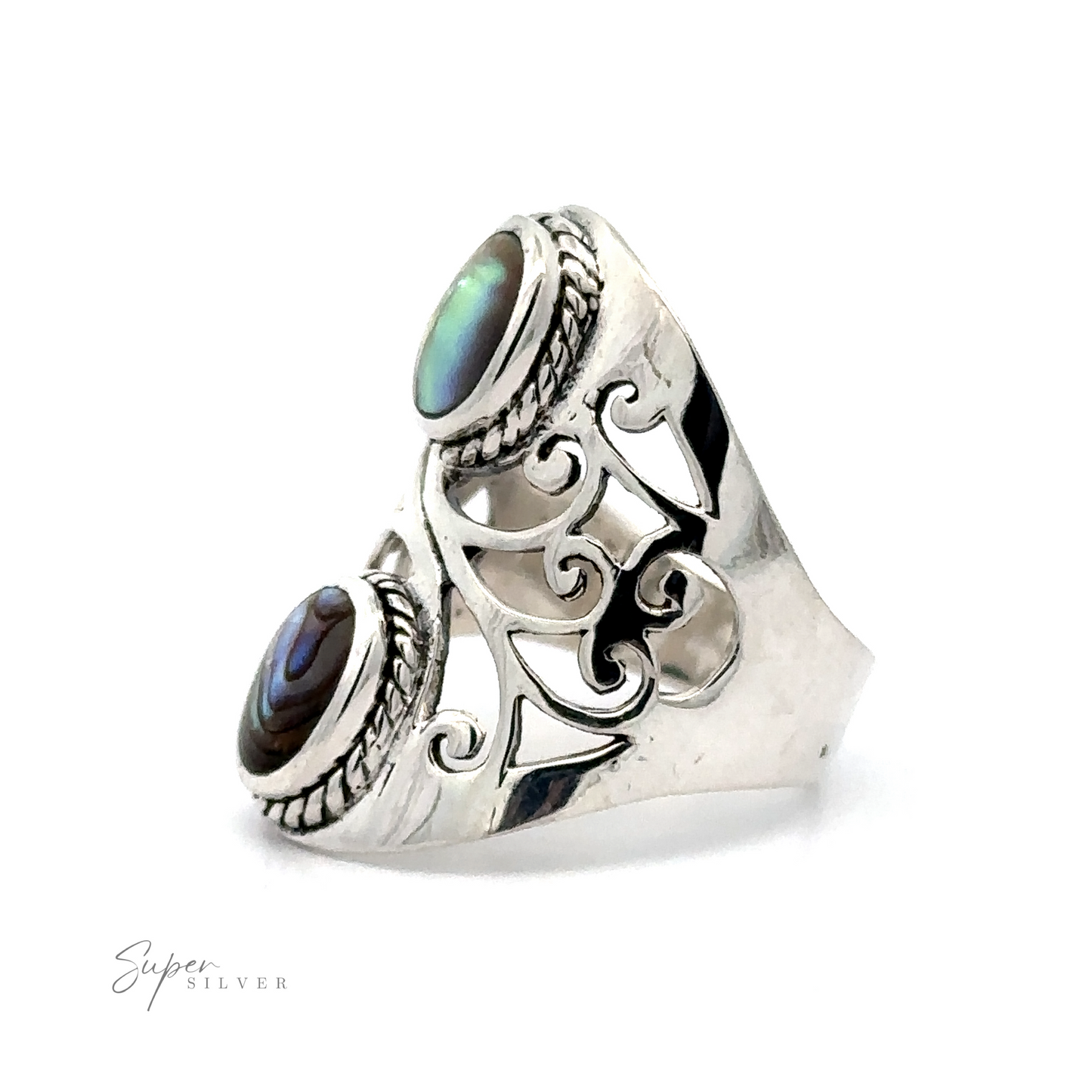 
                  
                    The Boho-Inspired Ring With Inlaid Stones features two oval-shaped abalone shell stones and intricate filigree detailing on a white background. This ring, exuding a bohemian twist, is marked "Super Silver" on the lower side.
                  
                