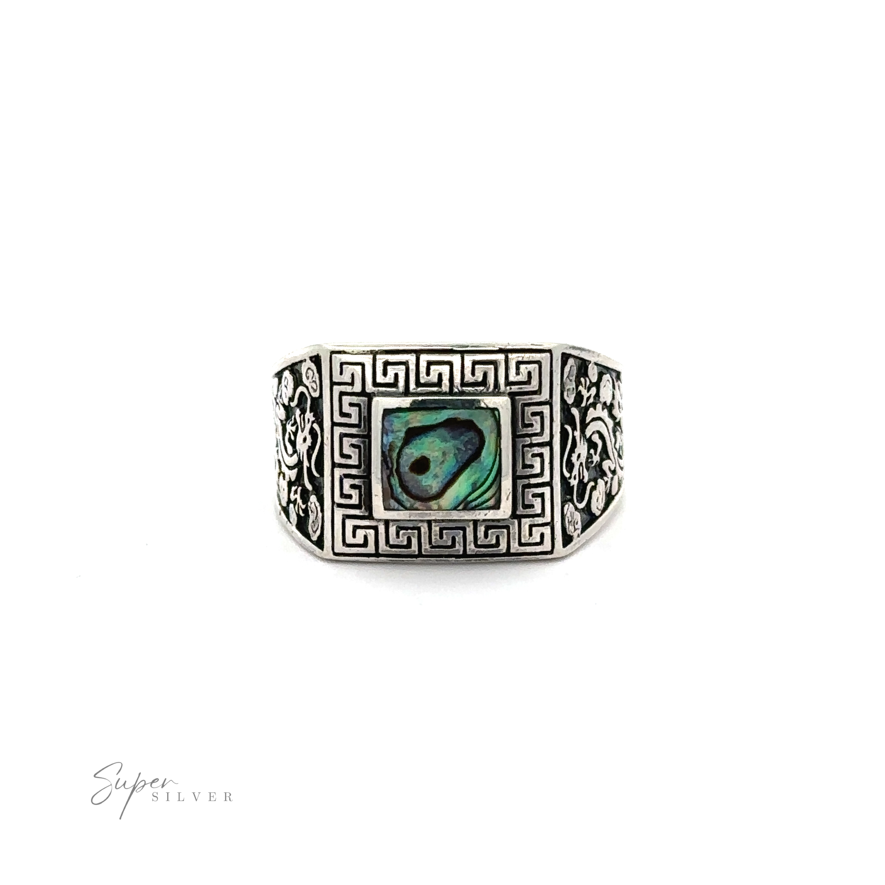 A sterling silver ring with an abalone shell, featuring a Stone Signet Ring with Dragon Design.