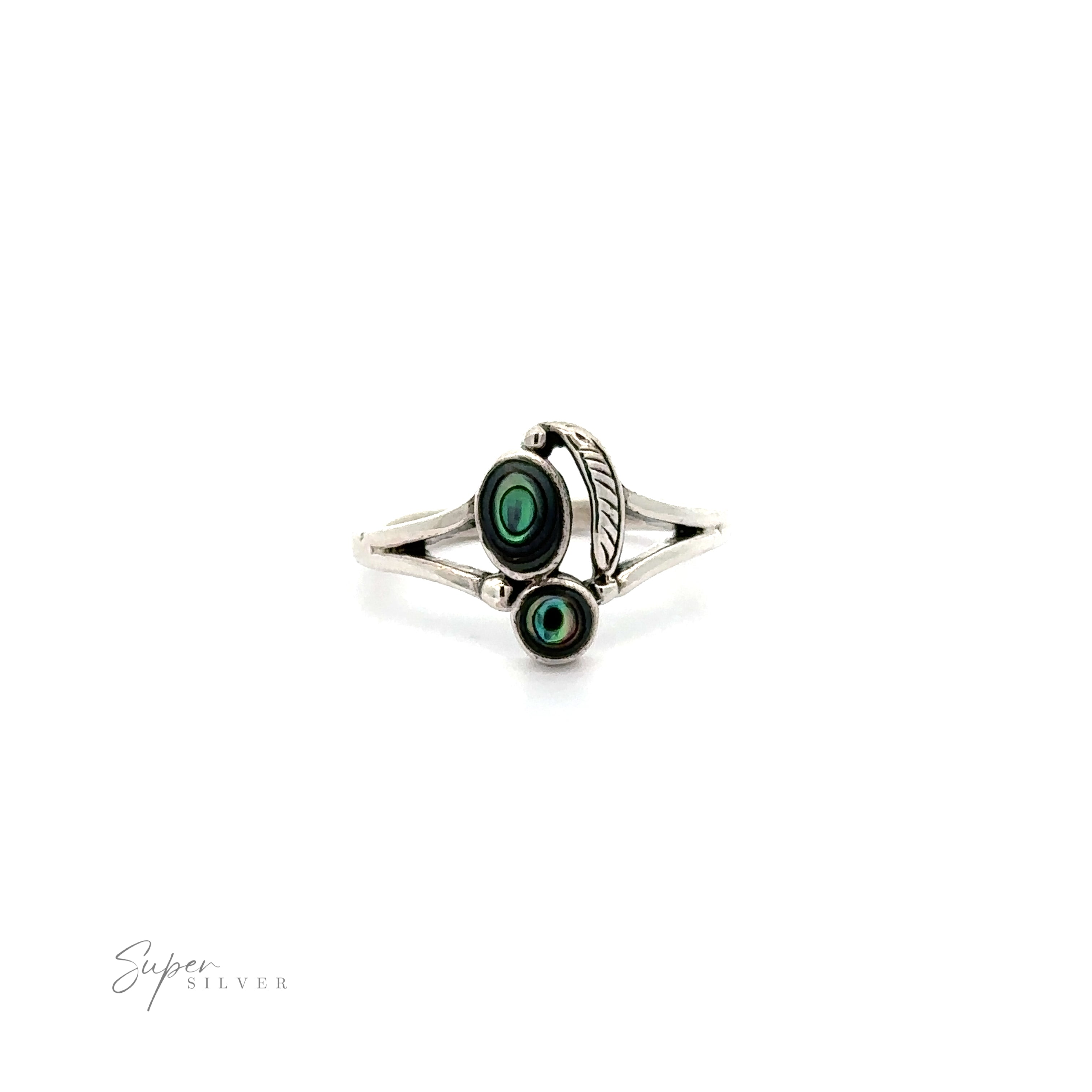 A Stone and Feather Ring with inlaid stones and a feather design.