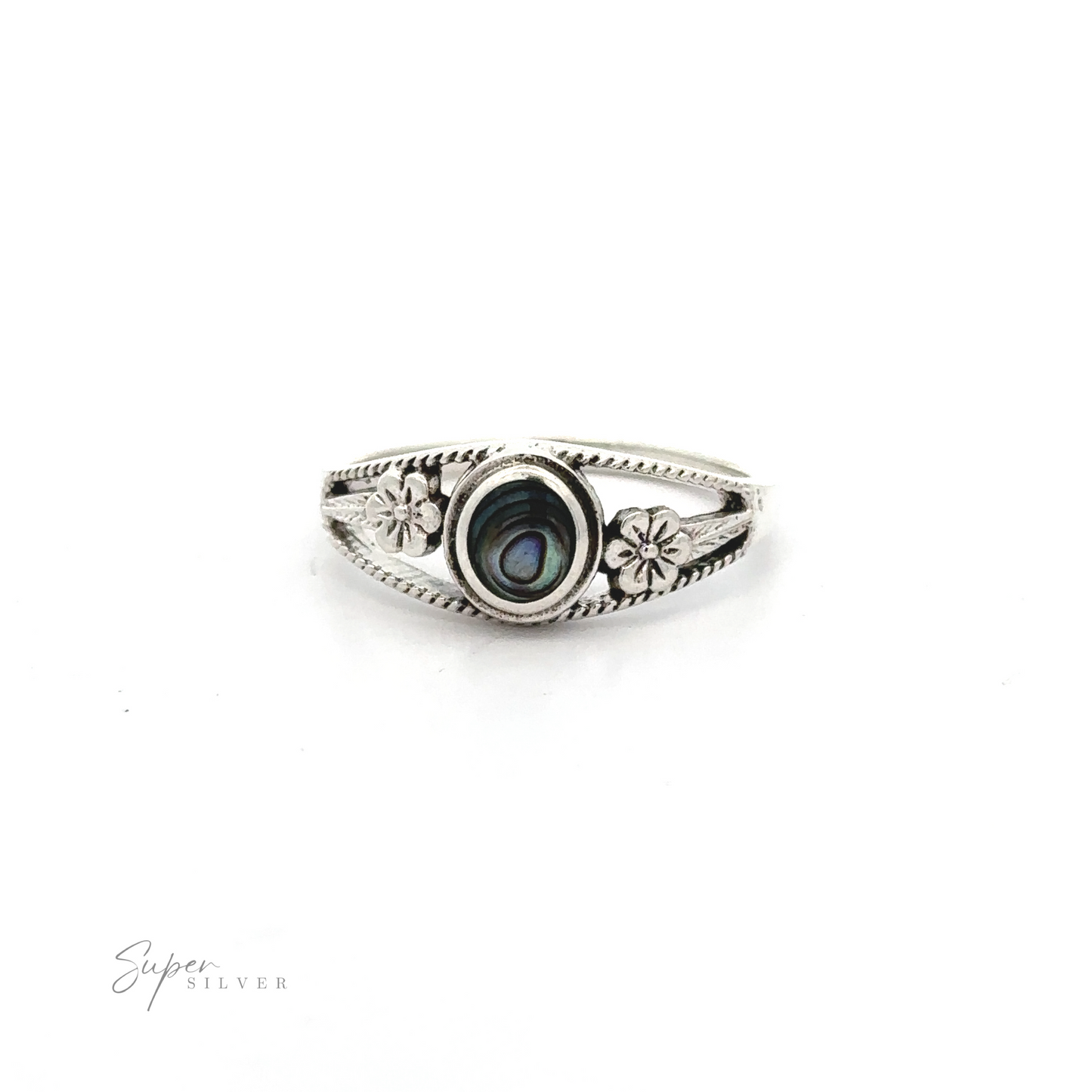 
                  
                    An Inlay Stone Ring with Flower and Rope Design with a center stone made of black abalone.
                  
                
