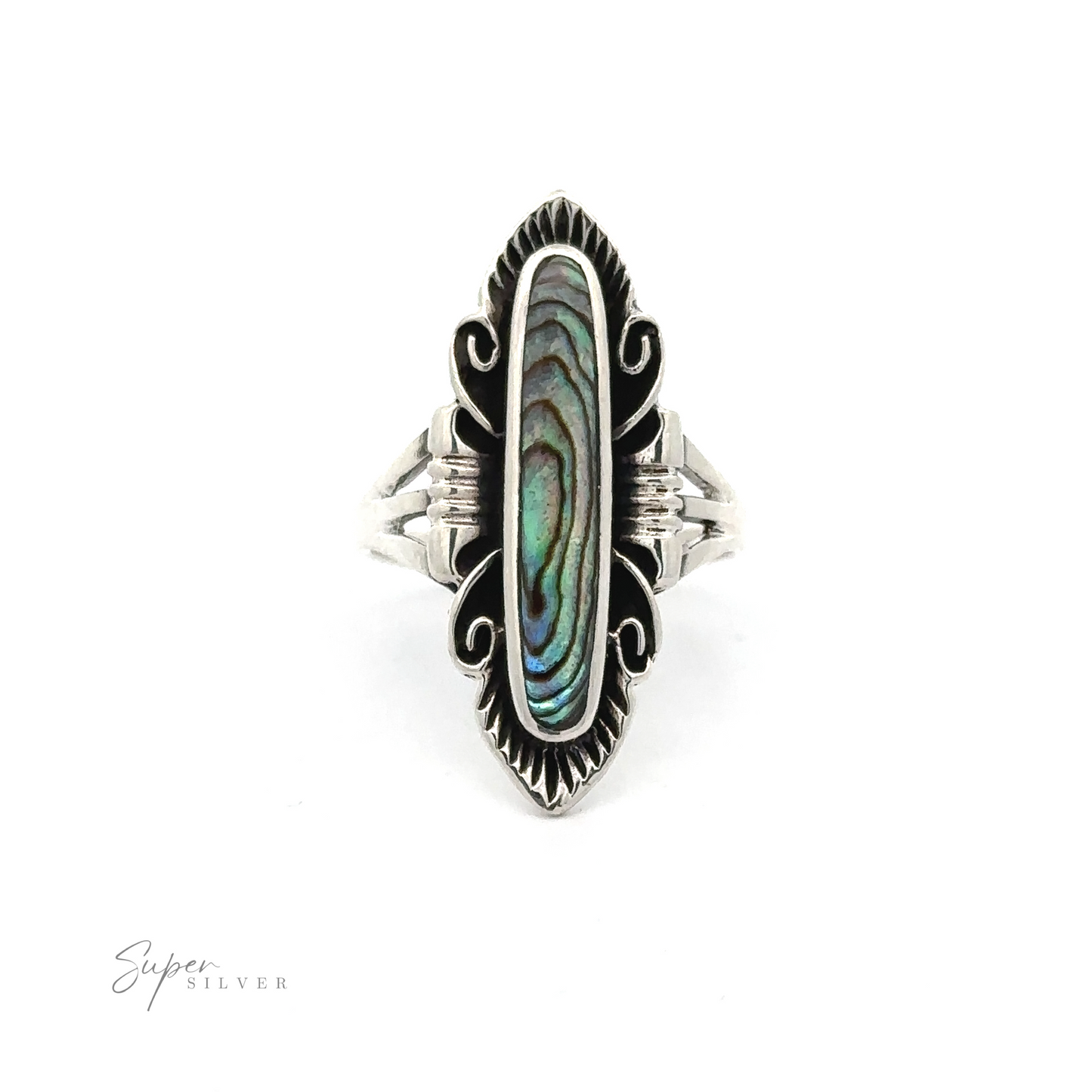 
                  
                    An Elegant Southwest Inspired Ring with Inlaid Stone with an inlaid abalone shell.
                  
                