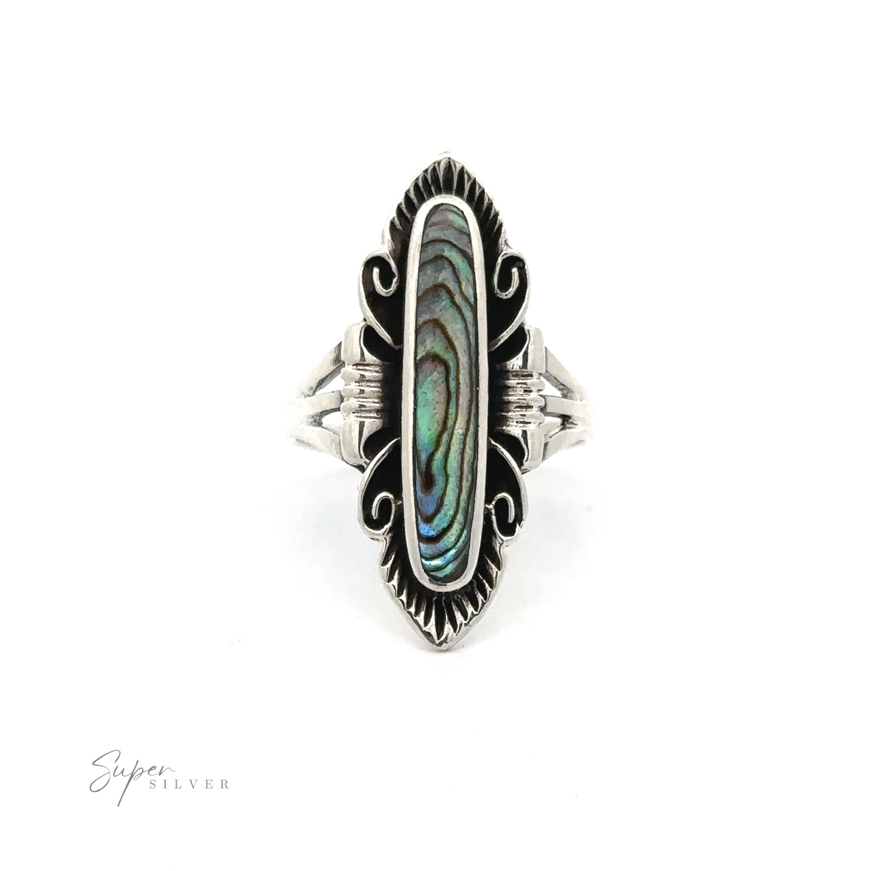 An Elegant Southwest Inspired Ring with Inlaid Stone with an inlaid abalone shell.