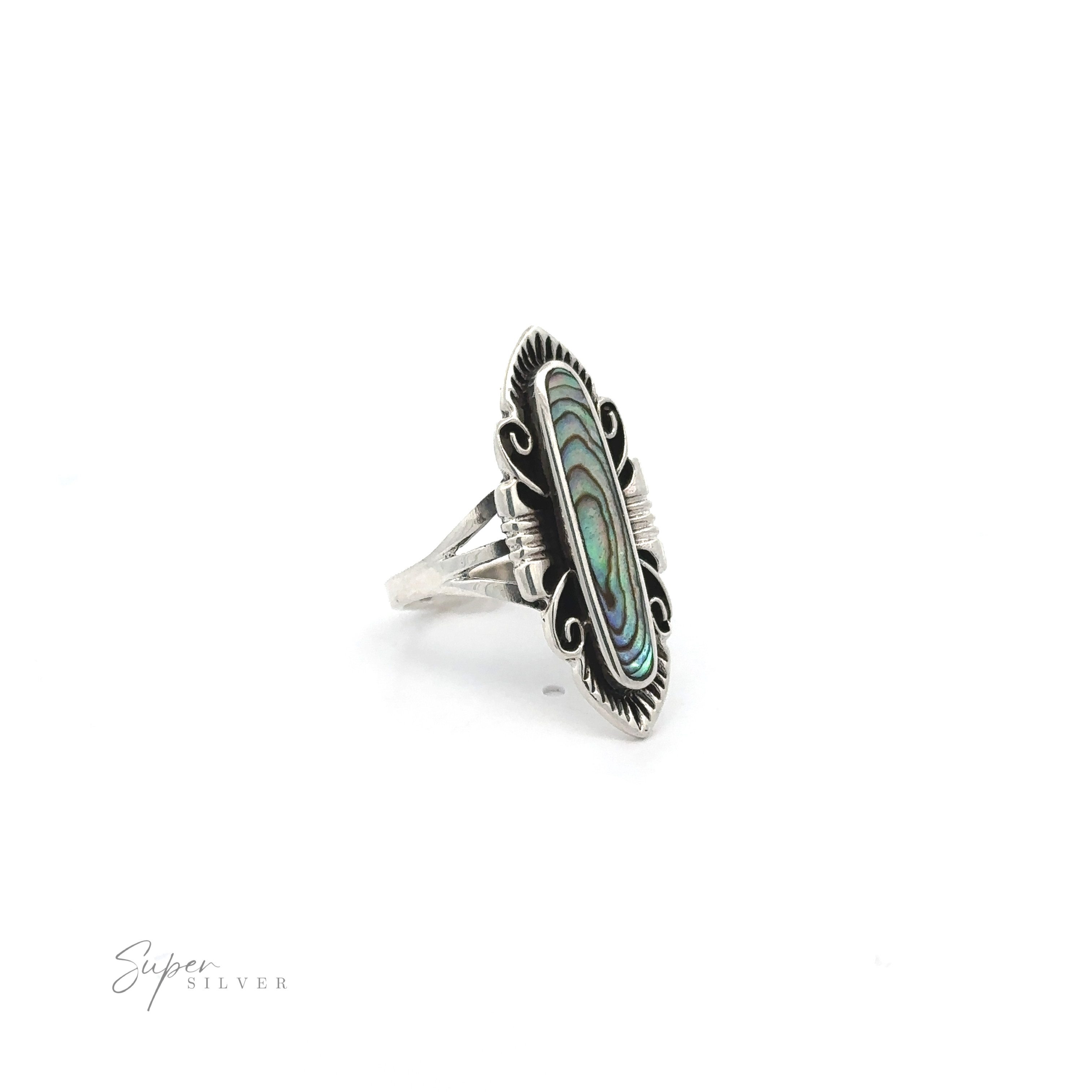 An Elegant Southwest Inspired Ring with Inlaid Stone featuring an inlaid abalone stone.