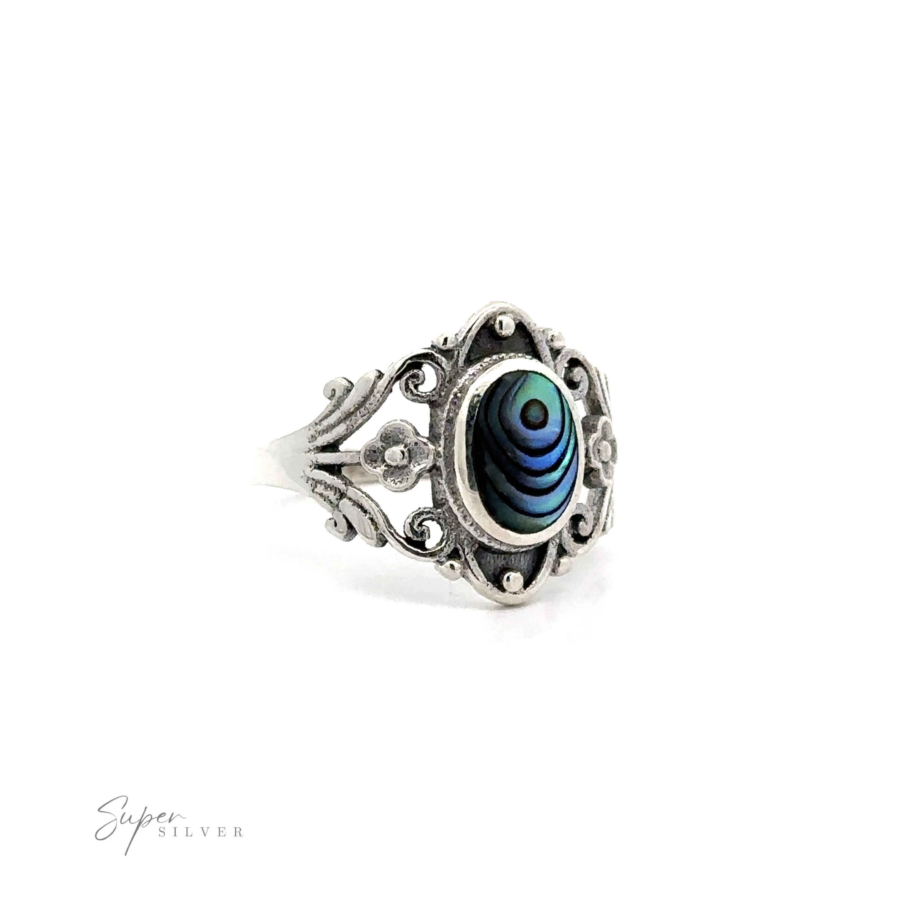 A Floral Filigree Inlay Stone Ring with a turquoise stone.