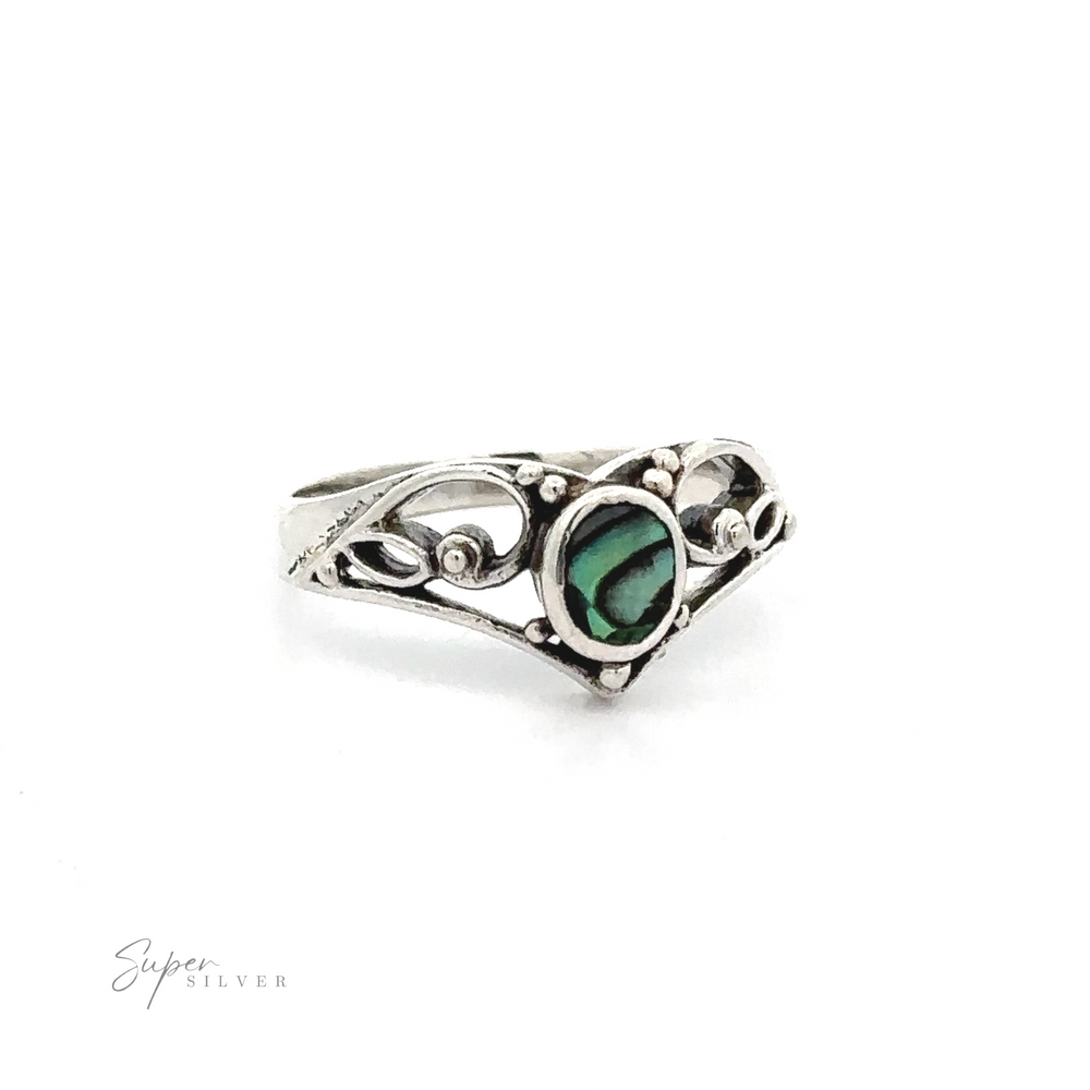 
                  
                    A Filigree Crown Ring with Inlaid Oval Stone with a green stone.
                  
                