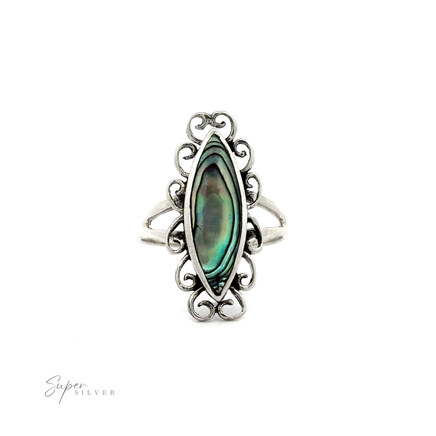 
                  
                    A Elegant Inlay Stone Marquise Ring With Swirls with a black abalone stone and filigree swirl design.
                  
                
