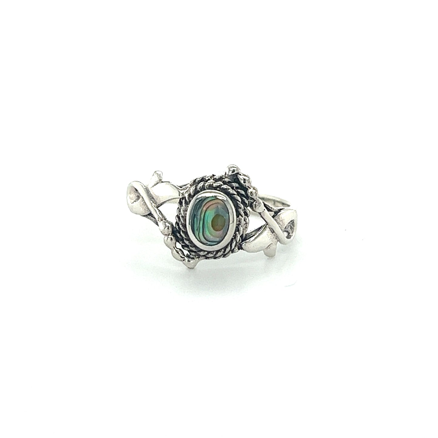 
                  
                    A silver ring with an inlaid green stone, exuding a Super Silver Bali boho vibe.
                  
                