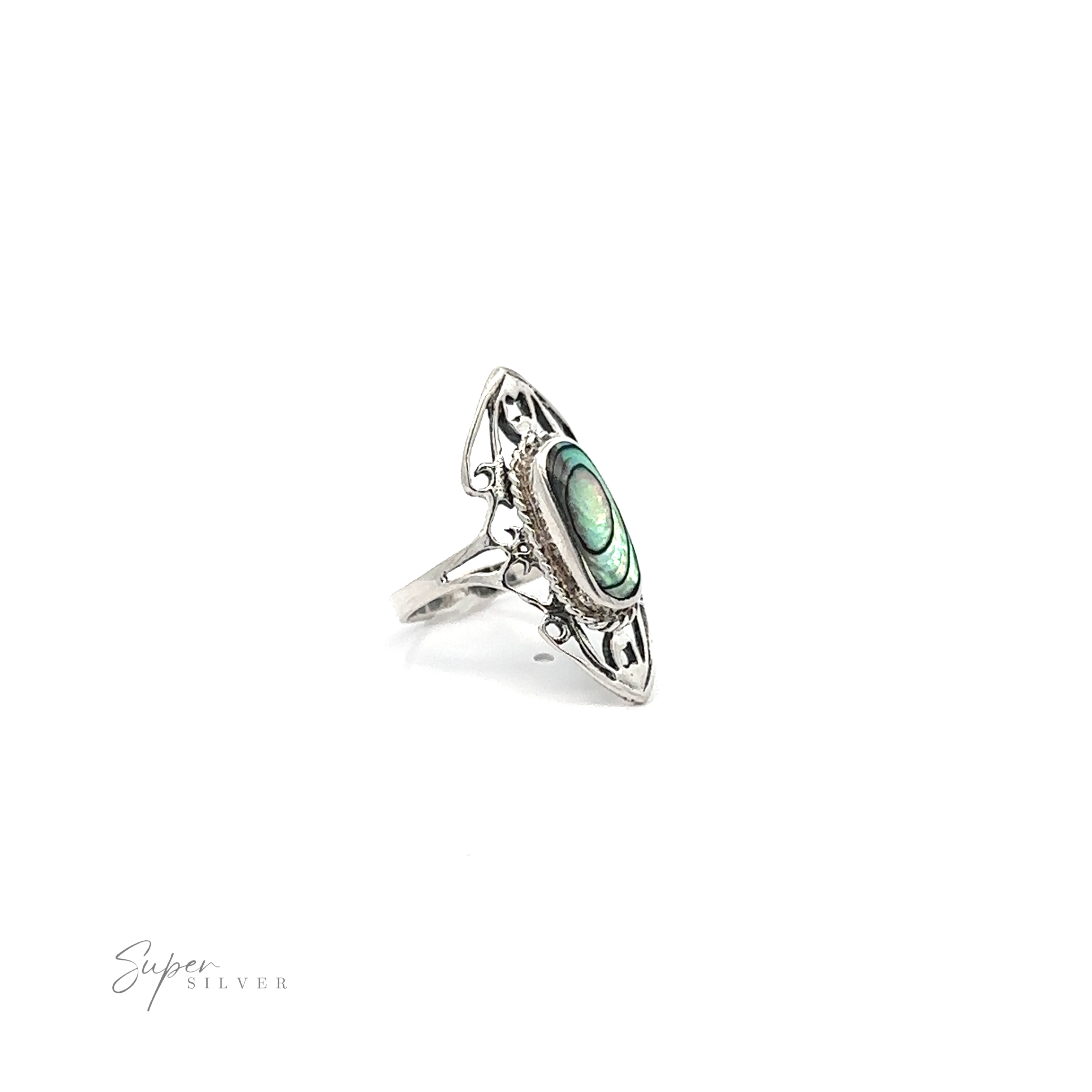 Elongated Filigree ring with an oval abalone shell inlay, displayed on a white background, capturing that boho chic essence.