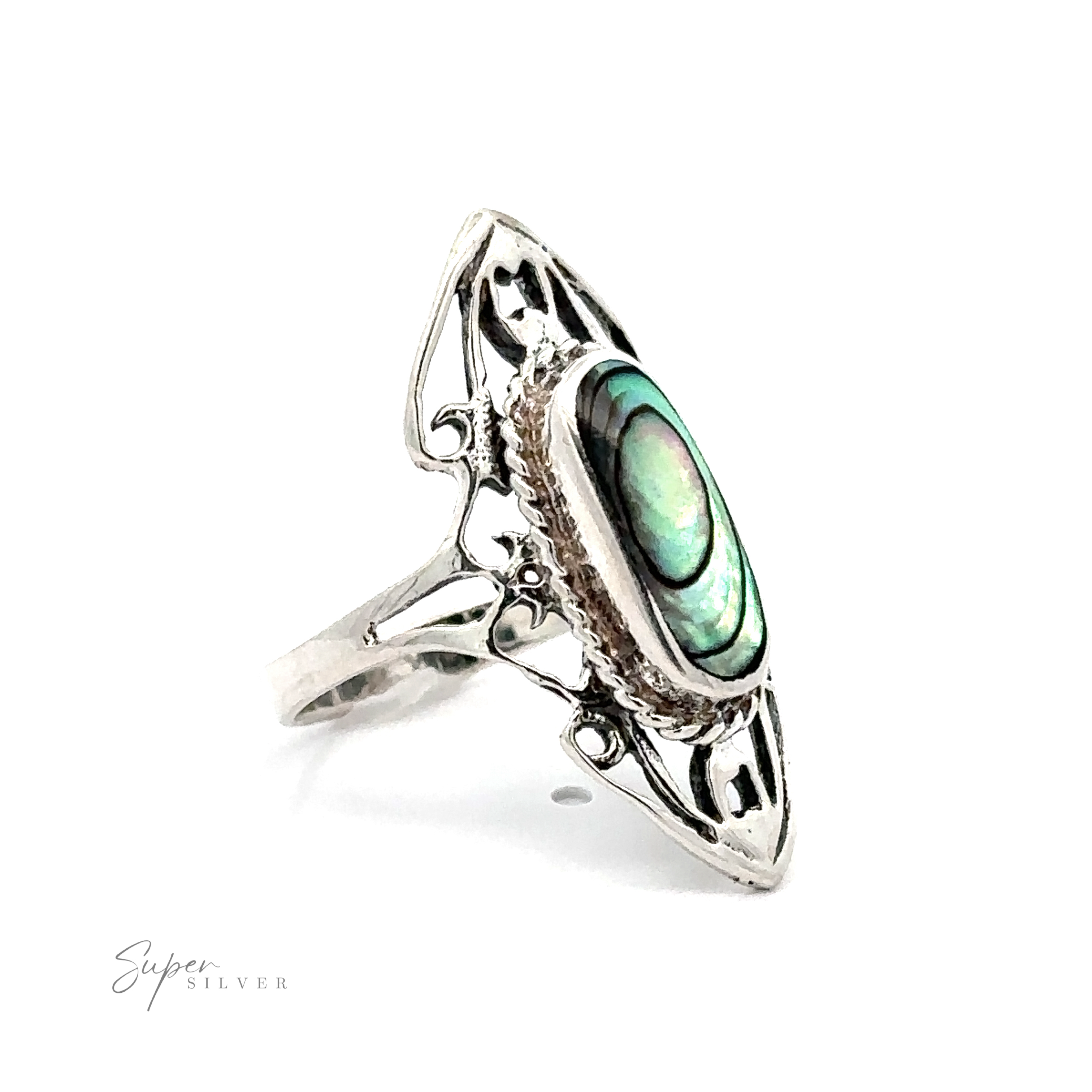 Elongated filigree ring with an oval abalone shell inlay on a white background.