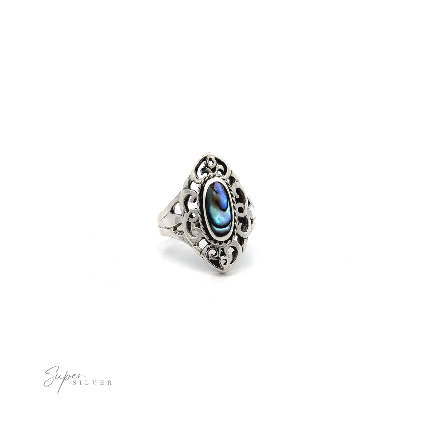 
                  
                    A mesmerizing Marquise Filigree Inlay Stone ring with an oval blue gemstone and intricate metalwork displayed on a white background.
                  
                