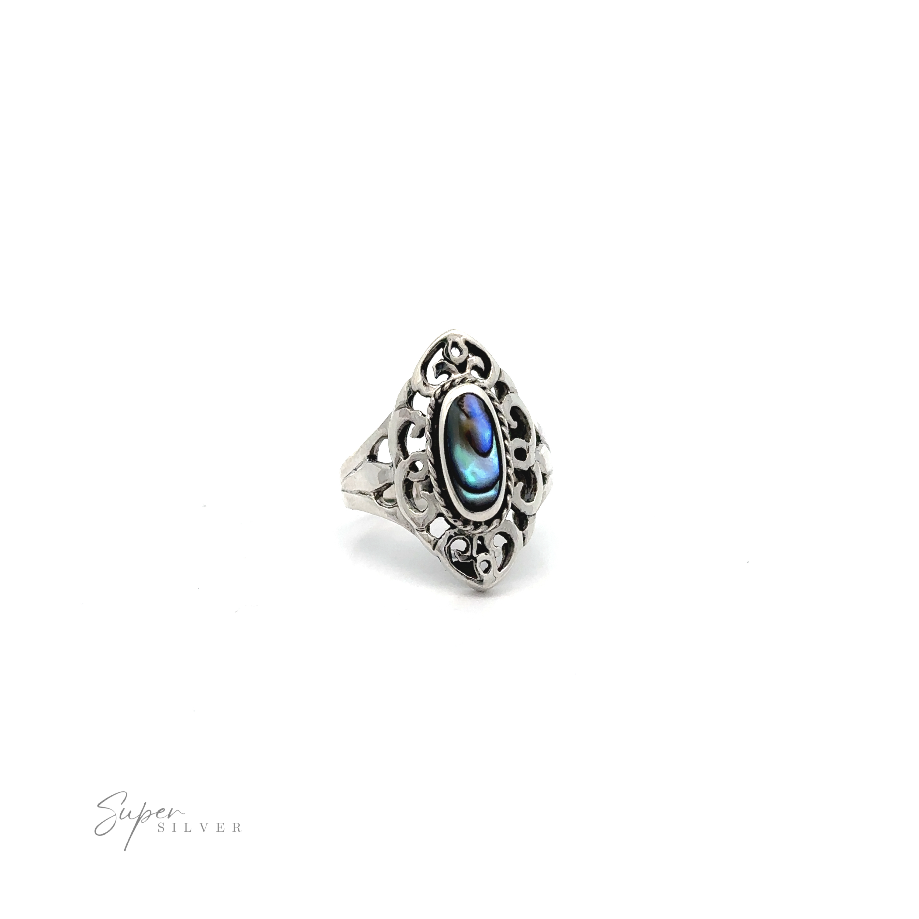 A mesmerizing Marquise Filigree Inlay Stone ring with an oval blue gemstone and intricate metalwork displayed on a white background.