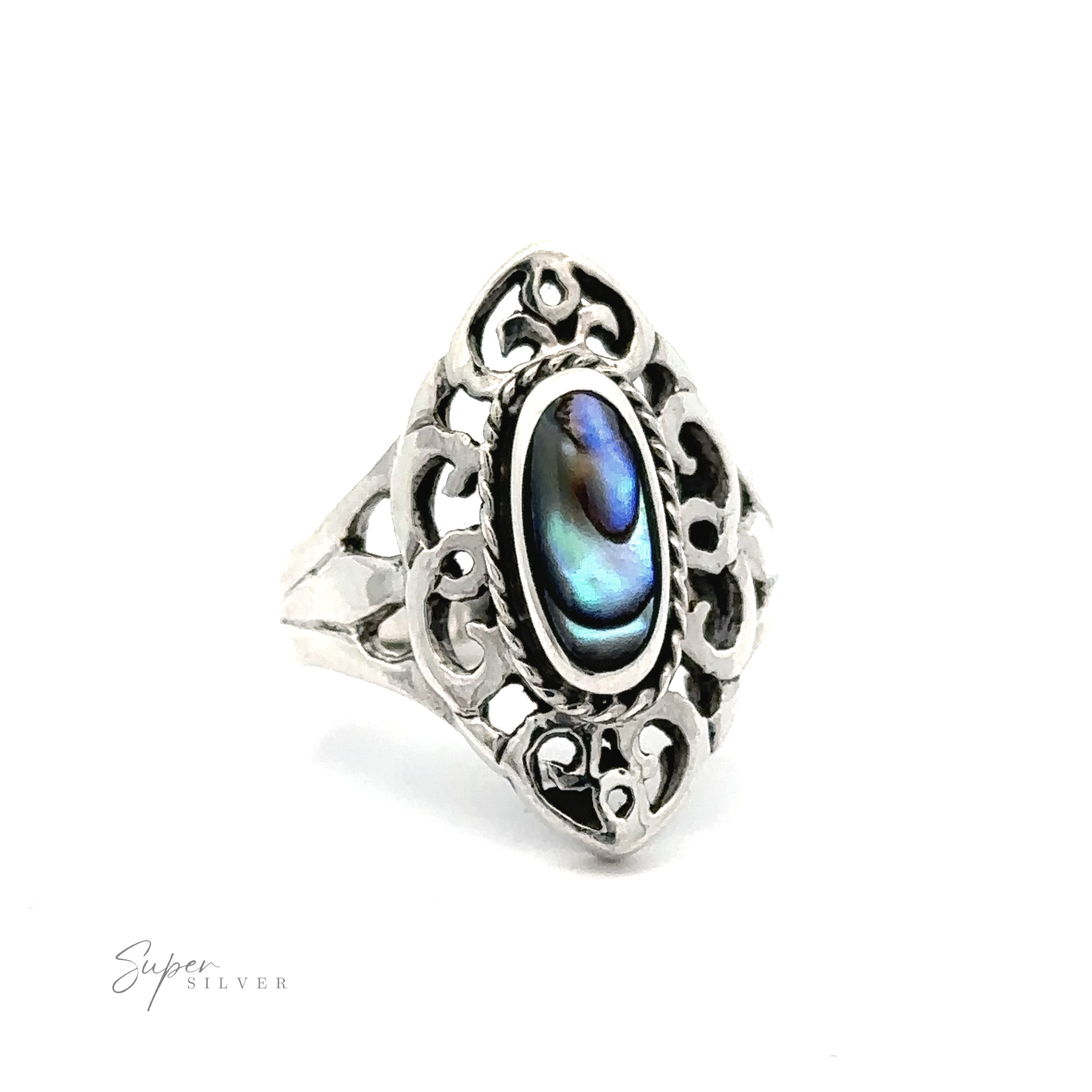 Marquise filigree inlay stone ring with abalone shell, exuding bohemian elegance.