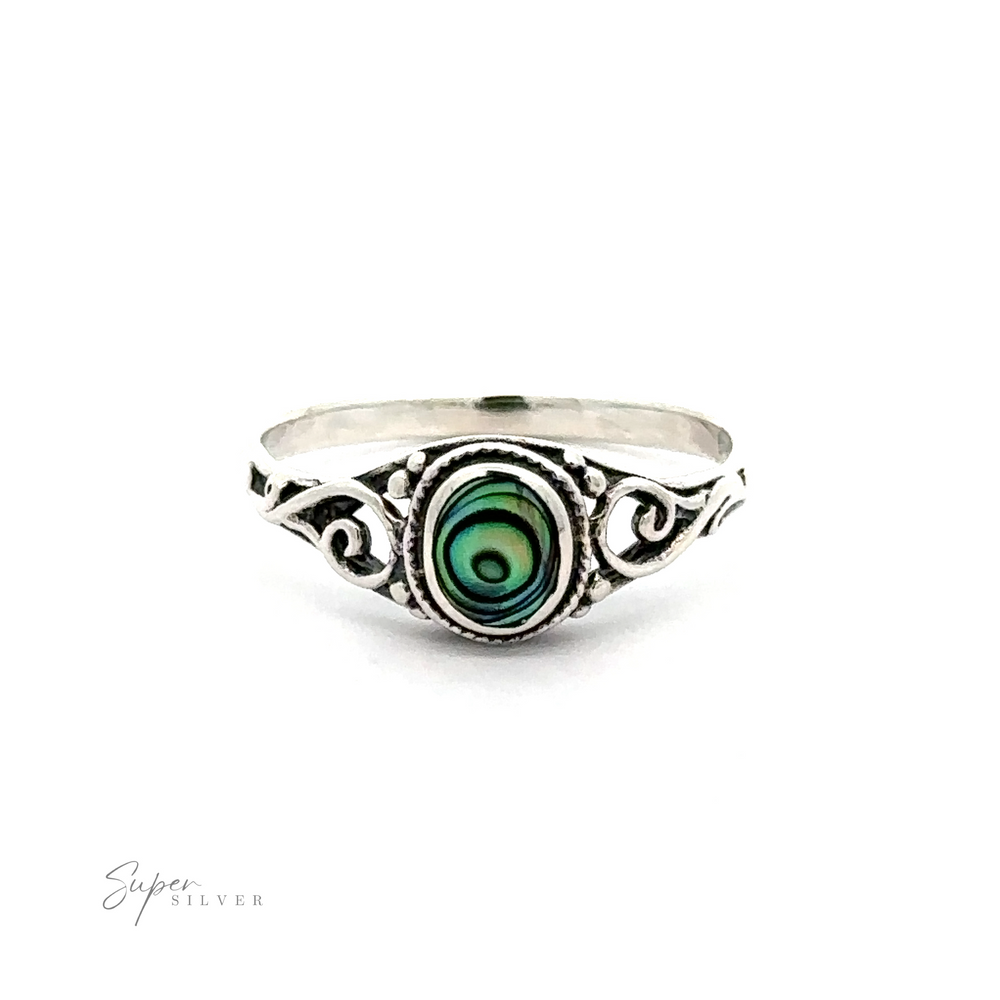 
                  
                    A sterling silver ring with an Oval Inlay Stone Ring with Swirls.
                  
                