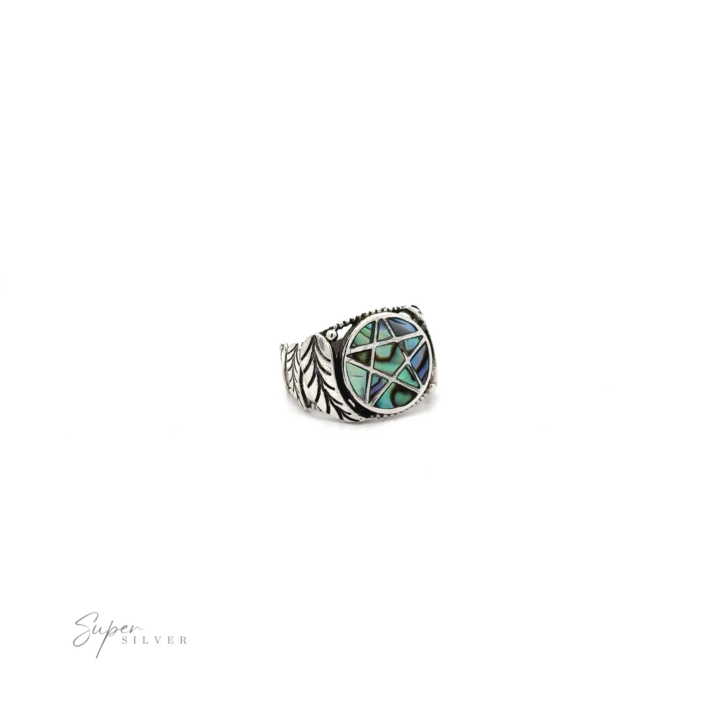 
                  
                    Pentagram ring with feather details and a turquoise inlay.
                  
                