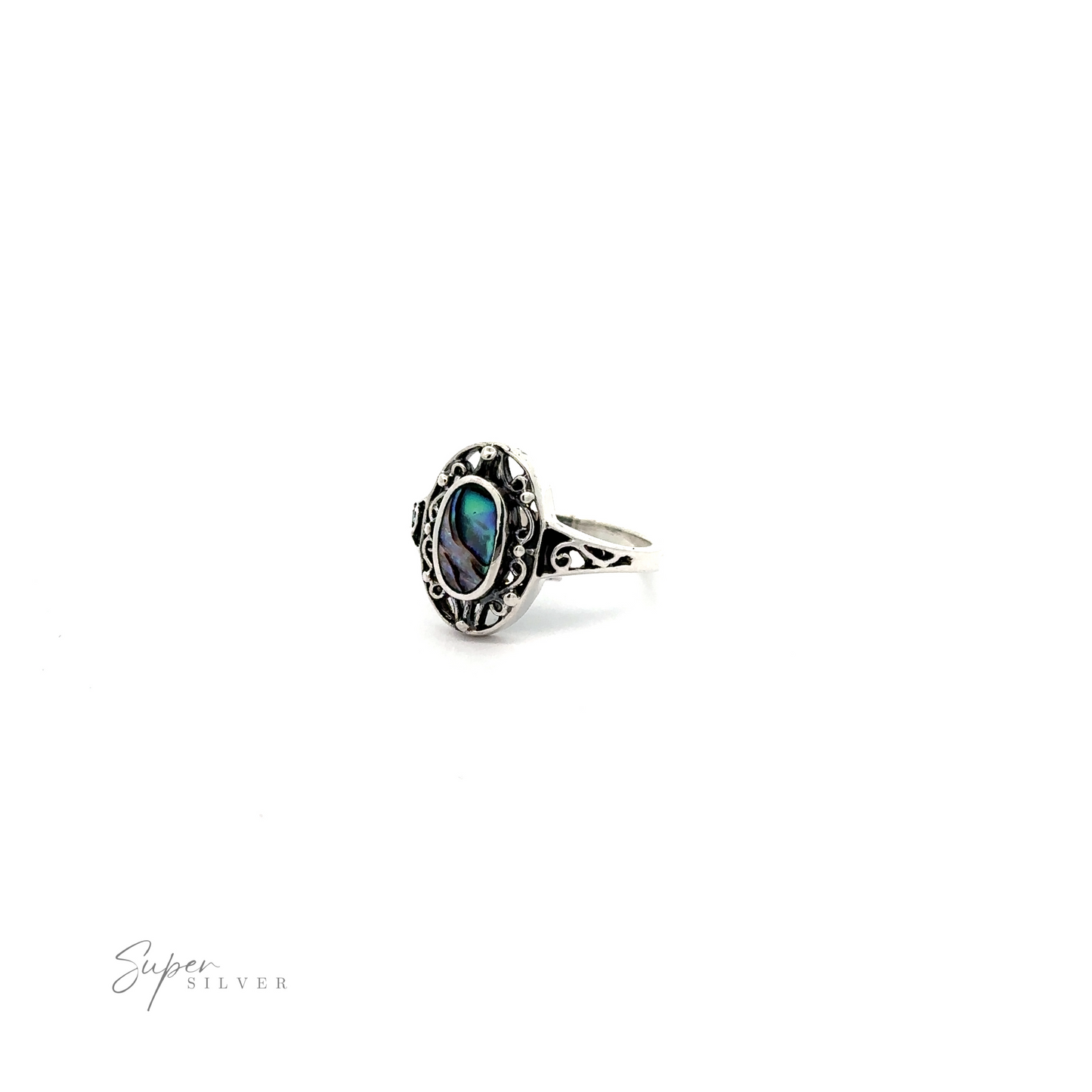 
                  
                    A sterling silver ring with an Oval Inlay Stone with Swirl Filigree Border in the middle.
                  
                