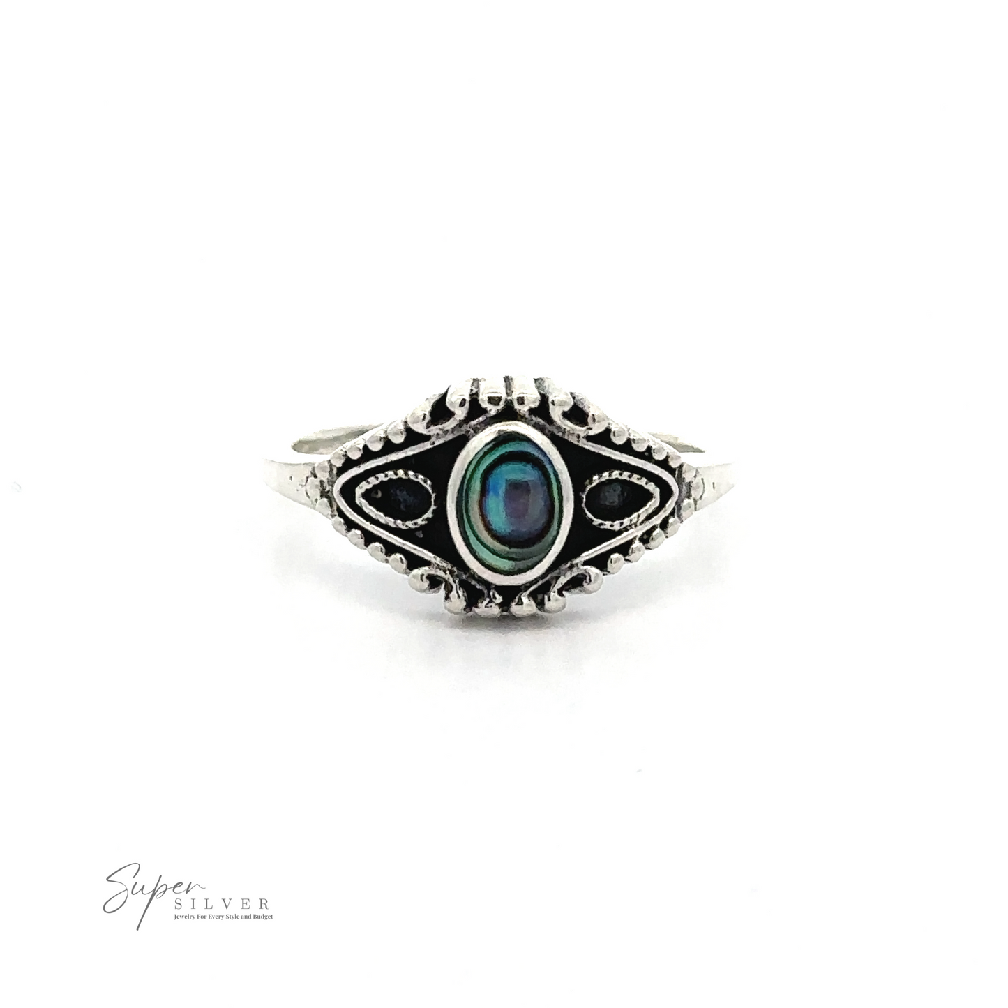 
                  
                    A Vintage Style Ring With Inlaid Oval Stone, crafted in .925 Sterling Silver, features an iridescent stone at the center with intricate band detailing. The logo "Super Silver" graces the bottom left corner.
                  
                