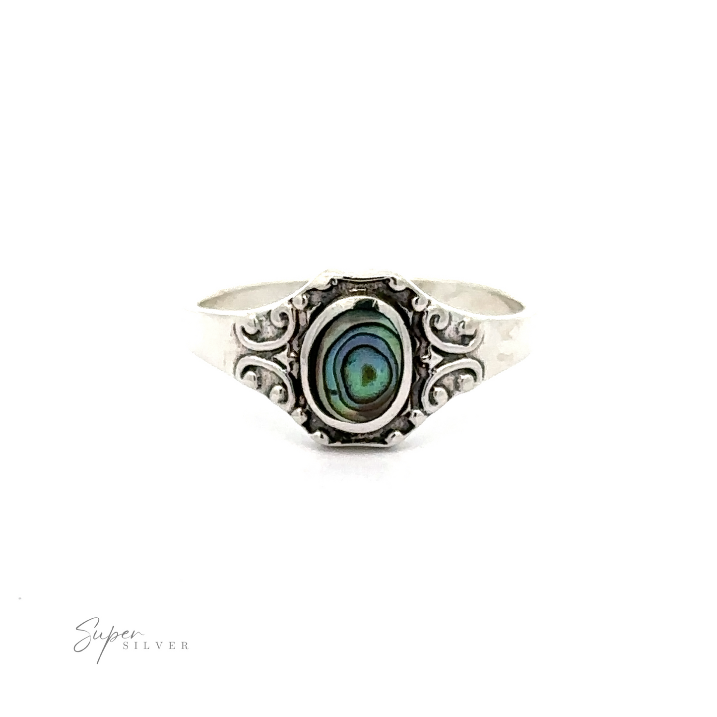 
                  
                    An Oval Inlay Stone Ring with Antiqued Filigree Design with an abalone shell on it.
                  
                