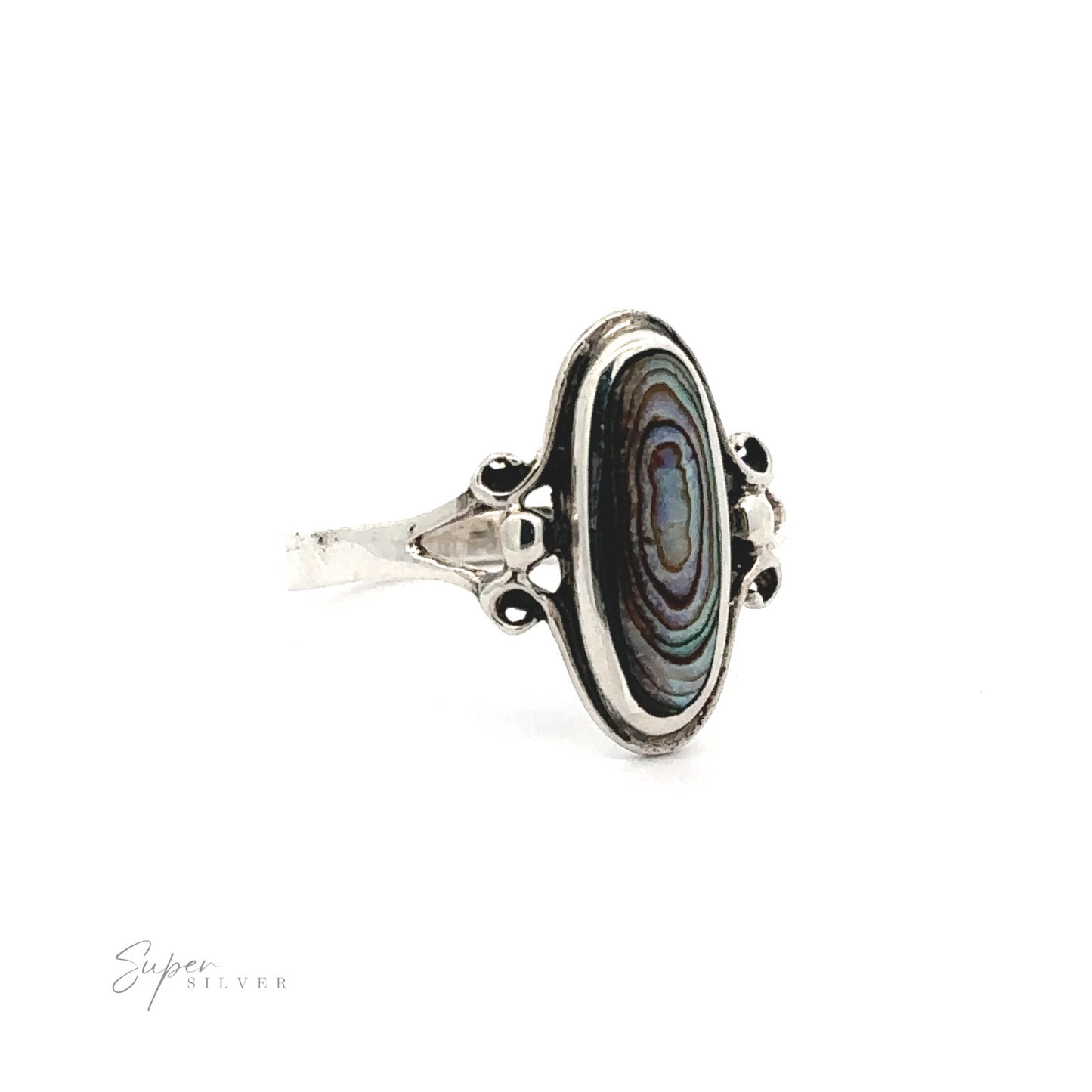 
                  
                    An Oval Turquoise Ring with inlaid black abalone shell and swirl detailing.
                  
                