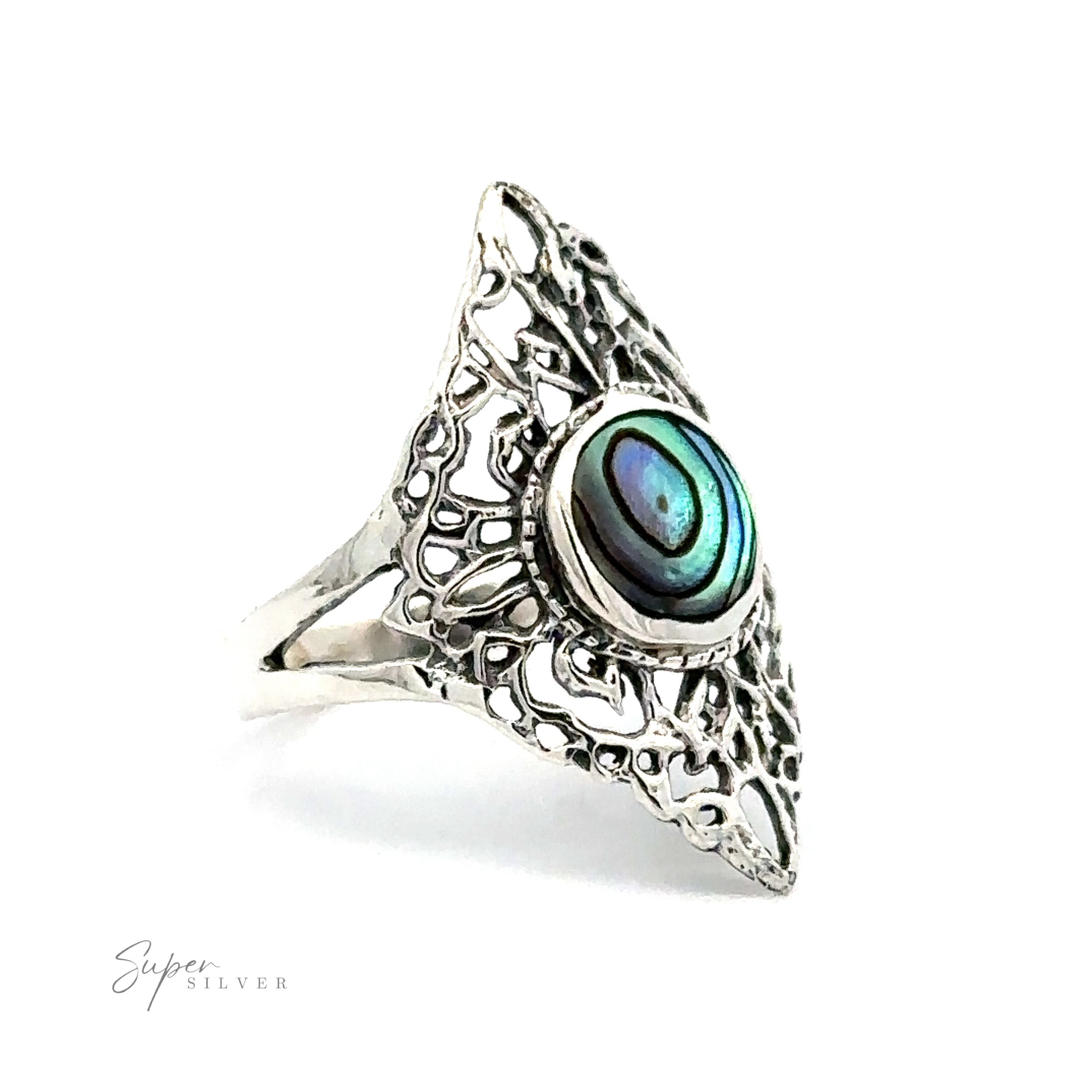 A Diamond Shaped Filigree Ring with a Round Inlaid Stone.