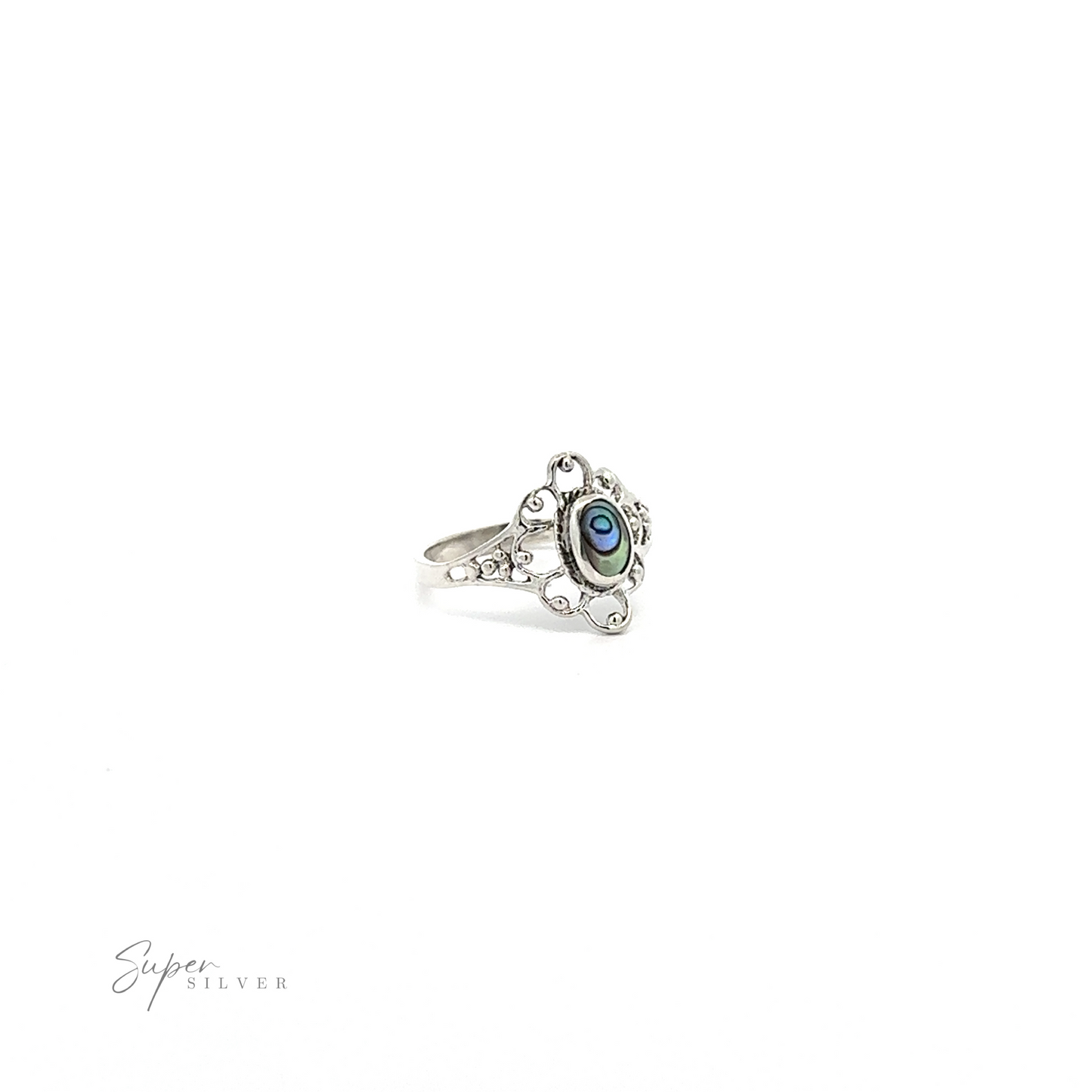 
                  
                    A vintage-styled flower ring with inlaid stones with a blue stone encircled by lacey petals.
                  
                