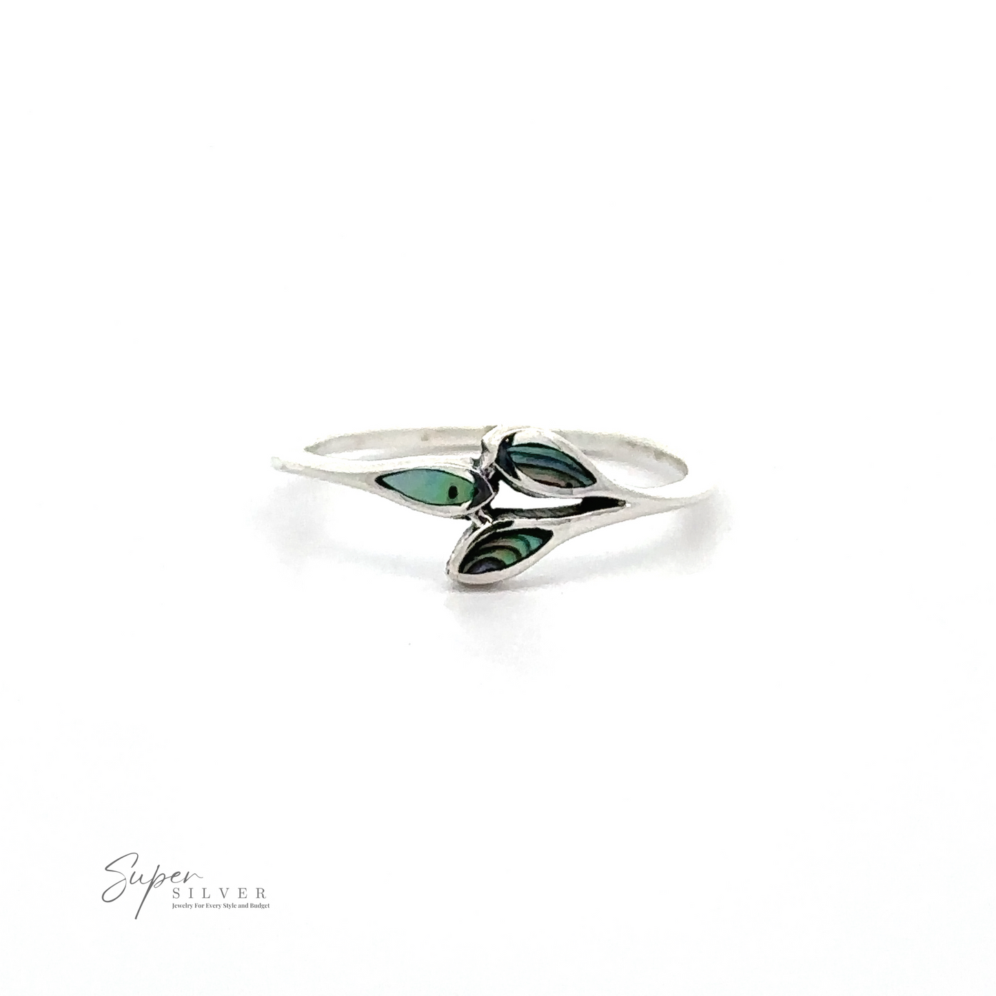 
                  
                    A Tiny Leaves Ring with Inlaid Stones with a minimalist design featuring a tiny leaf design ring showcasing green and blue accents. The brand name "Super Silver" is visible in the bottom left corner.
                  
                