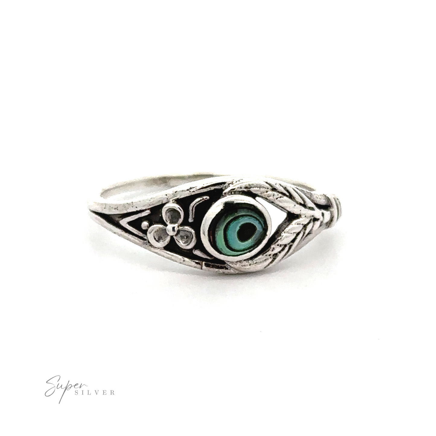 
                  
                    A Inlay Stone Ring with Flower and Leaf Design with a green eye design.
                  
                