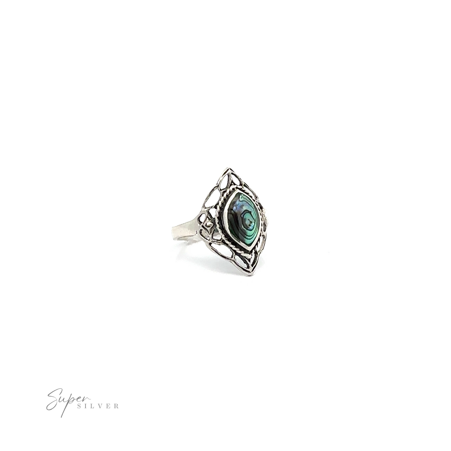 
                  
                    A Delicate Marquise Shield ring with an inlaid green stone in the middle.
                  
                