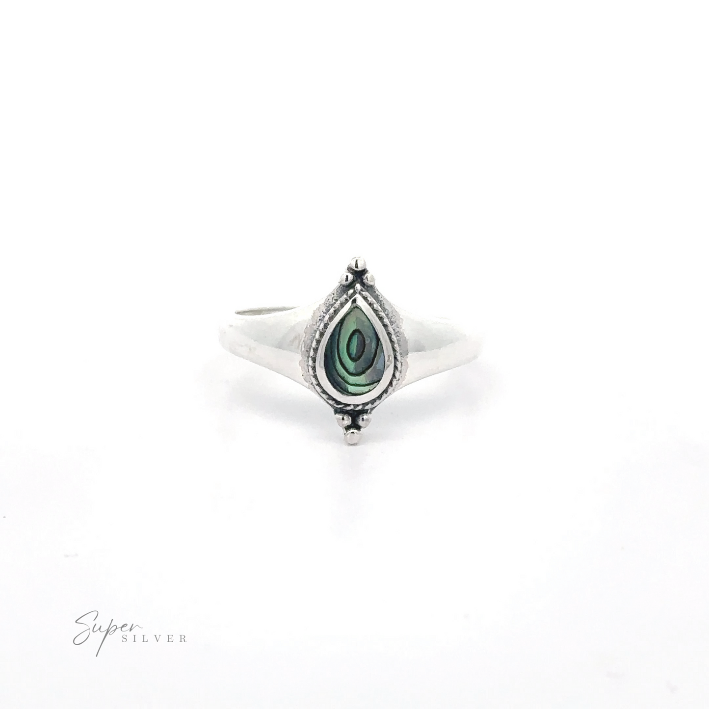 
                  
                    Teardrop Inlay Shield ring with a malachite stone on a white background.
                  
                