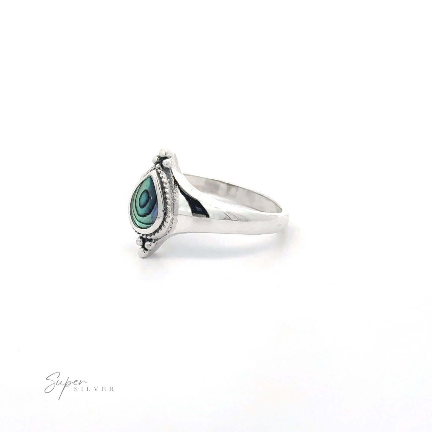
                  
                    A silver teardrop inlay shield ring with a green and black gemstone, isolated on a white background.
                  
                
