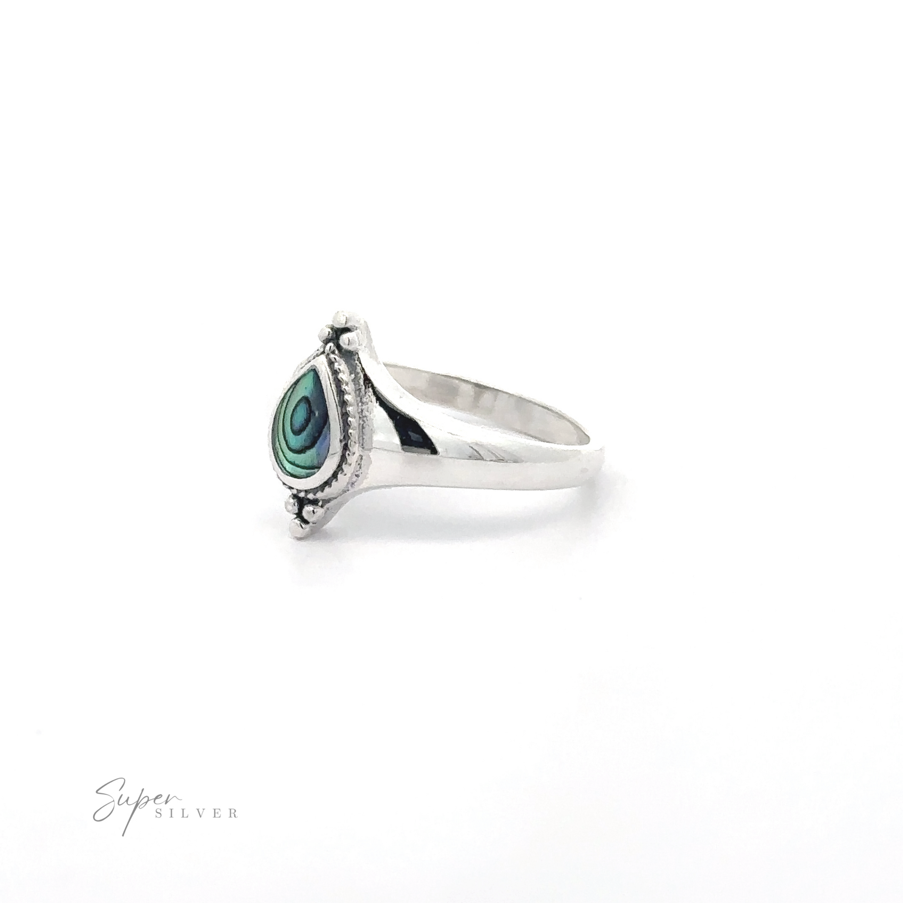 A silver teardrop inlay shield ring with a green and black gemstone, isolated on a white background.