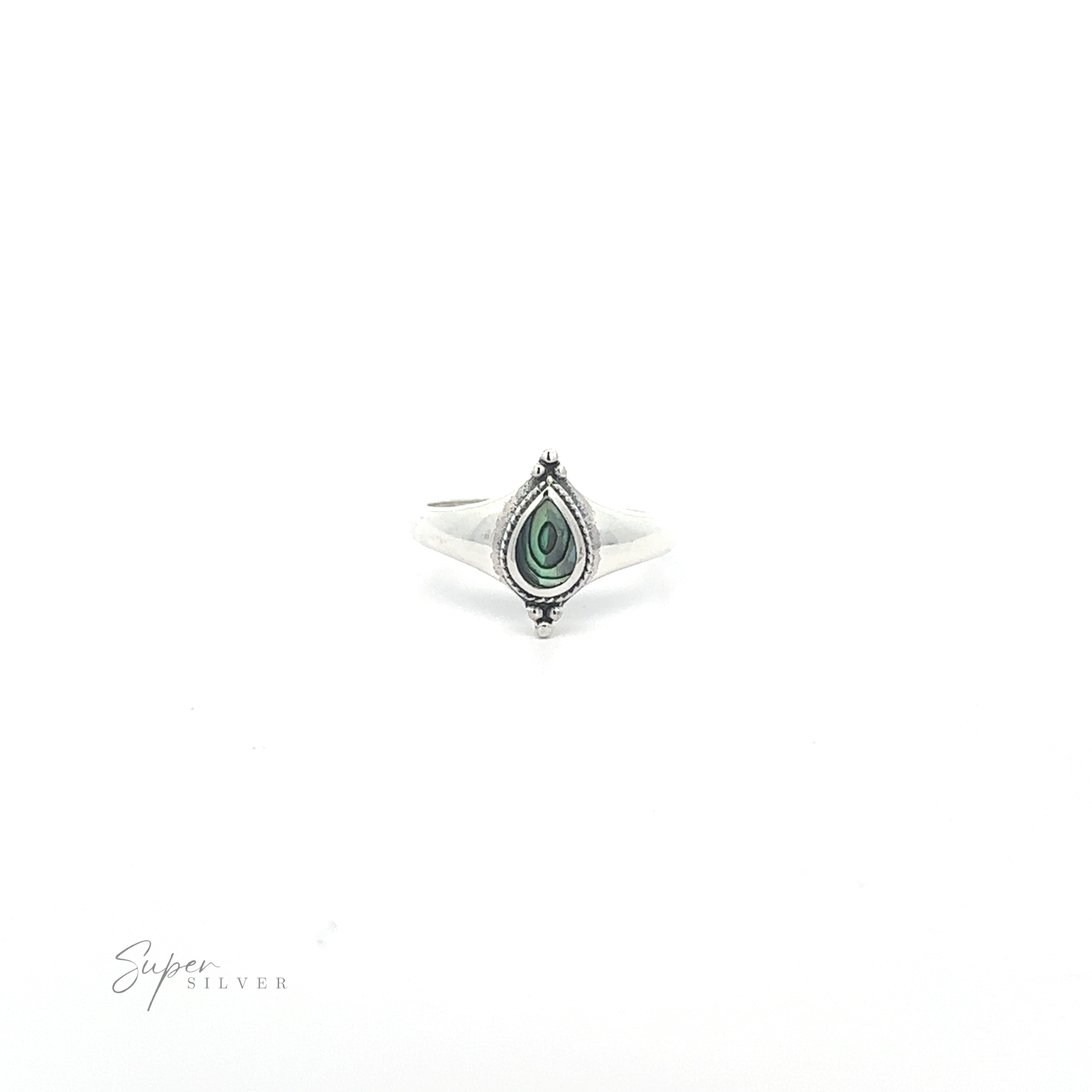A Teardrop Inlay Shield Ring with a tear-drop shaped black and white stone, isolated on a white background.