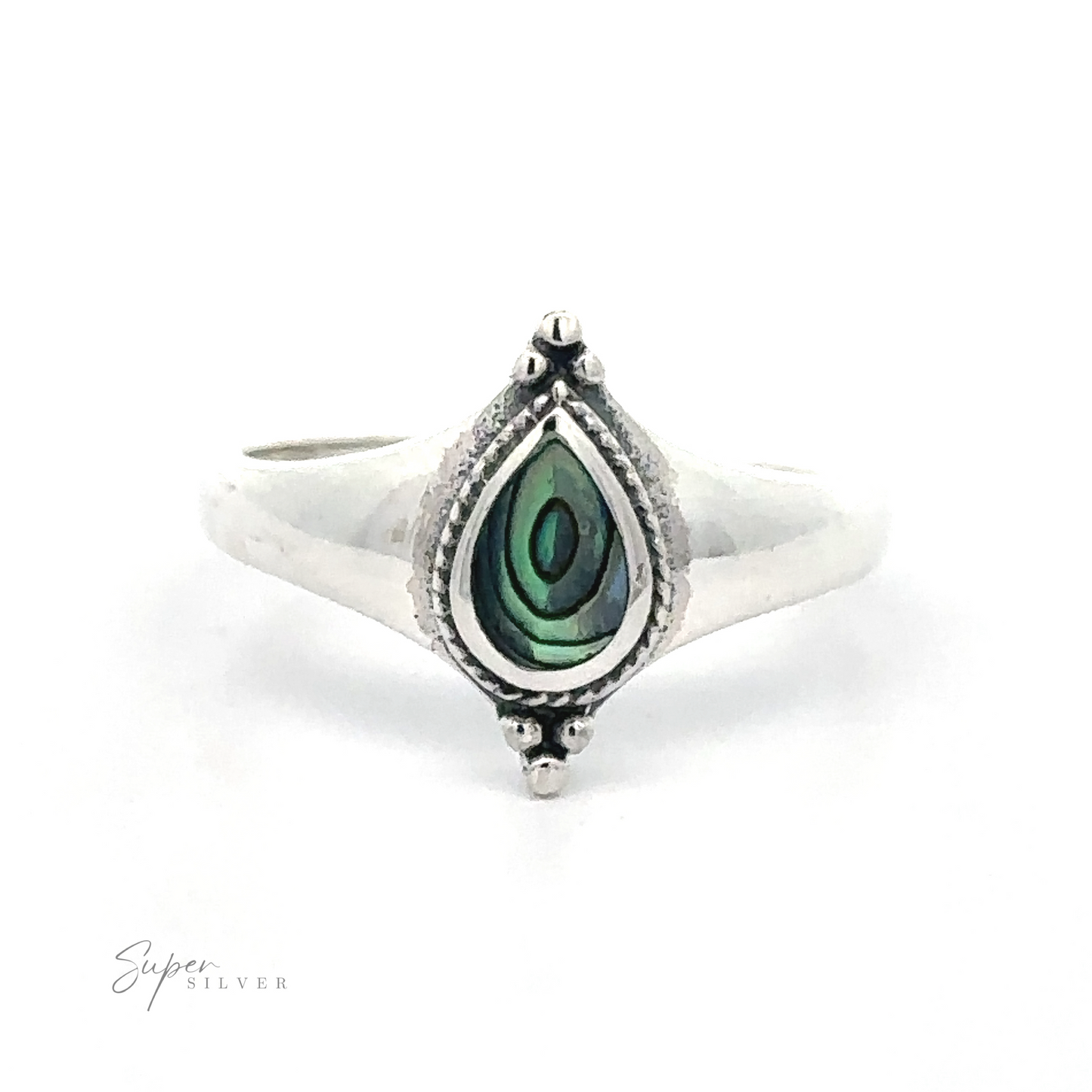
                  
                    Sterling silver Teardrop Inlay Shield ring with green gemstone and textured detailing.
                  
                
