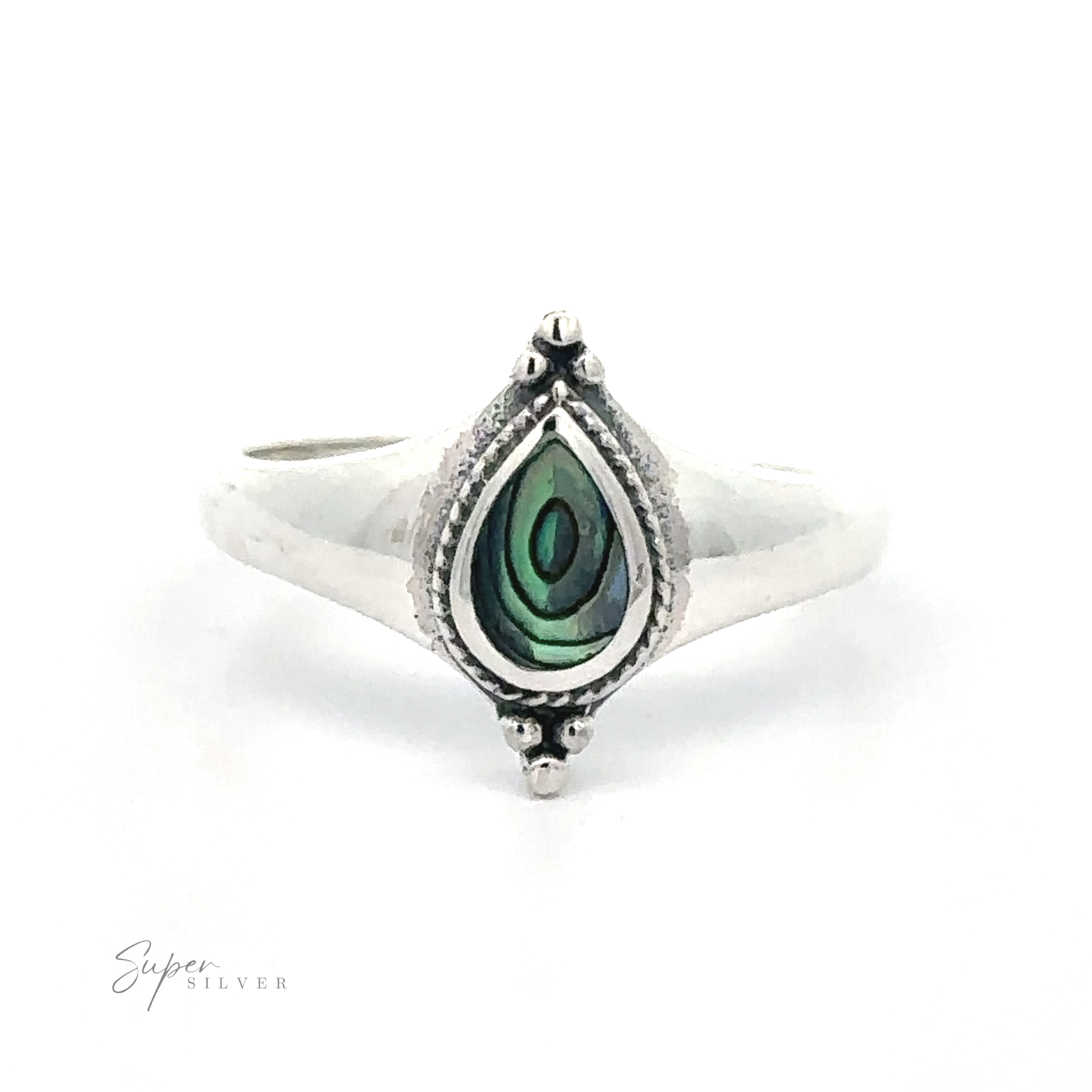 Sterling silver Teardrop Inlay Shield ring with green gemstone and textured detailing.
