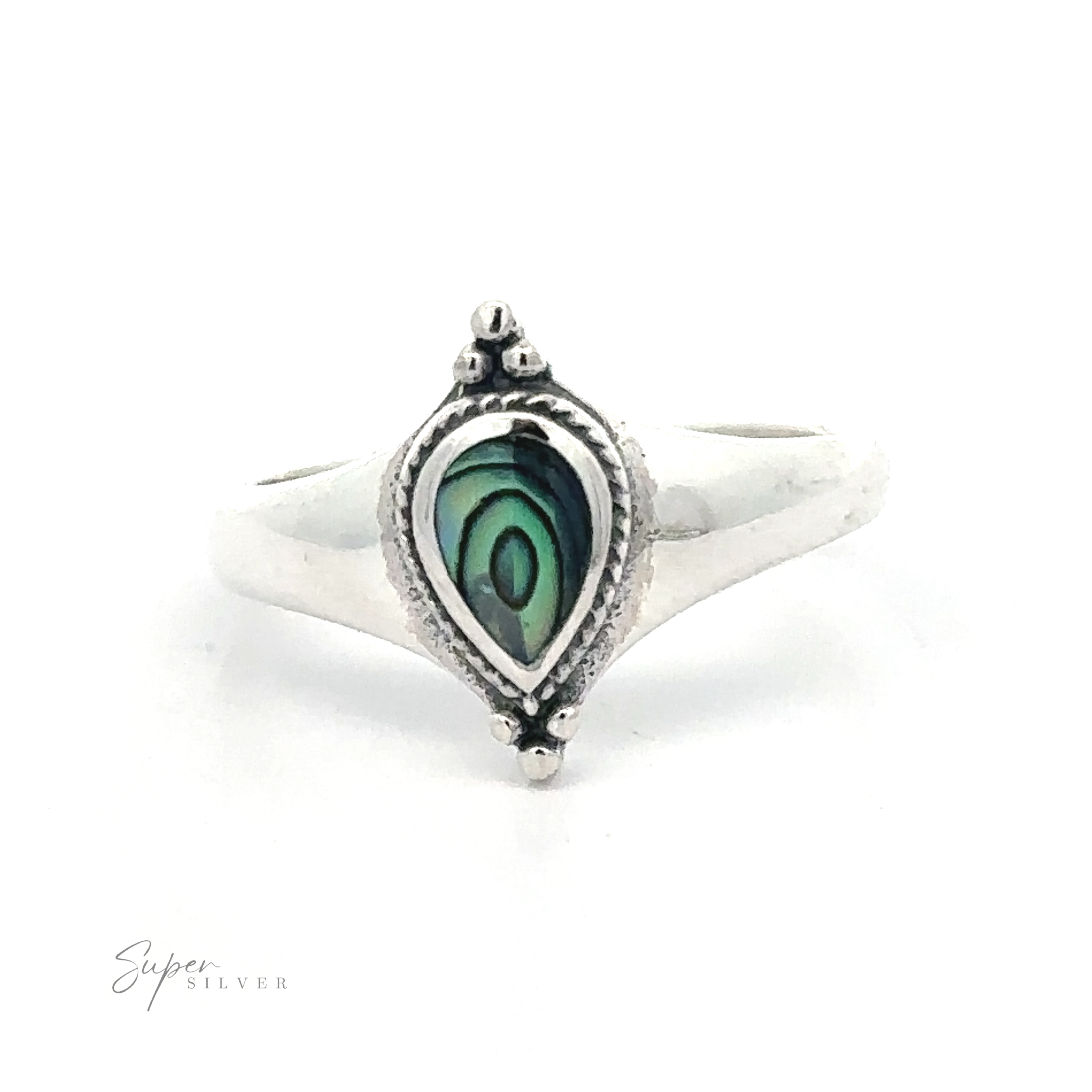 Teardrop Inlay Shield Ring with a teardrop-shaped malachite stone set in a decorative bezel, embodying a bohemian spirit.