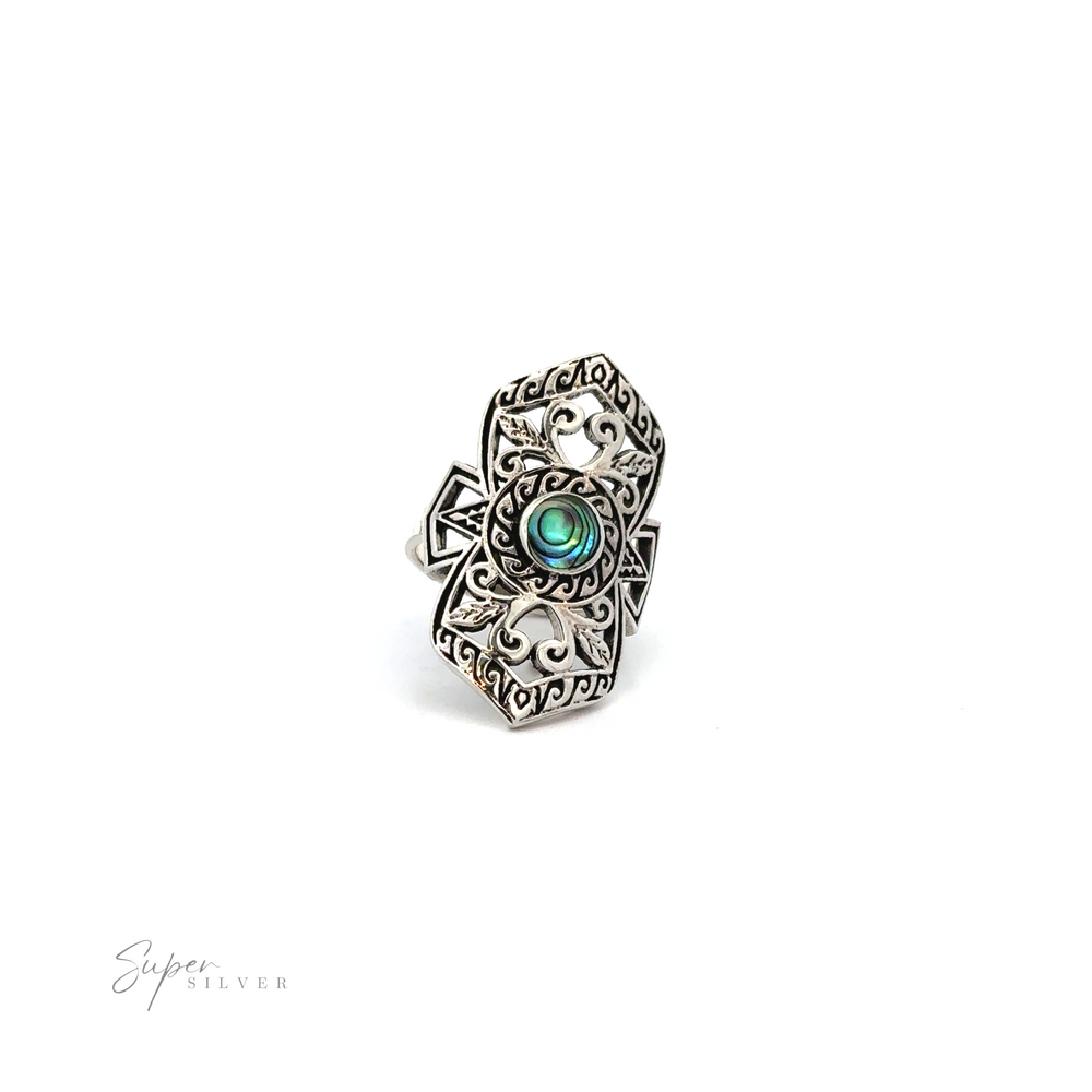 
                  
                    A Elaborate Filigree Shield Ring with Stone with a green stone accent.
                  
                