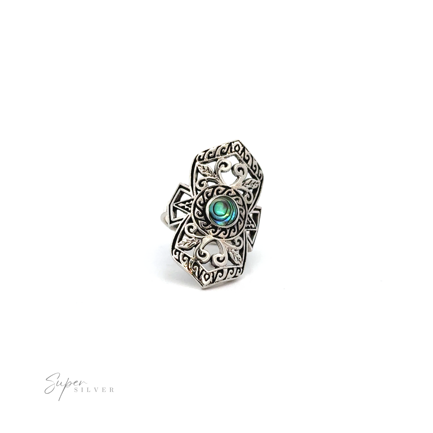 
                  
                    A Elaborate Filigree Shield Ring with Stone with a green stone accent.
                  
                