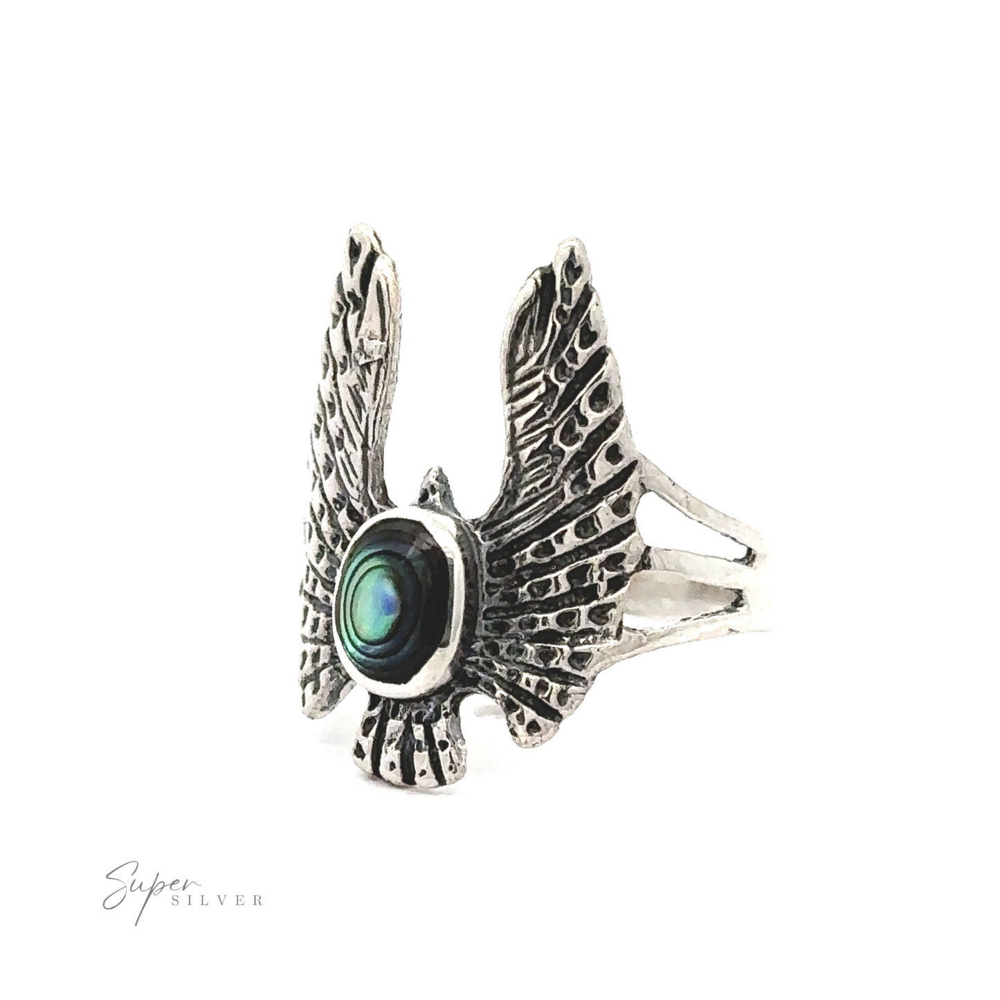 
                  
                    Inlaid Stone Ring with Eagle Wings designed like spread eagle wings with a central iridescent green stone, on a white background with a logo labeled "super silver.
                  
                