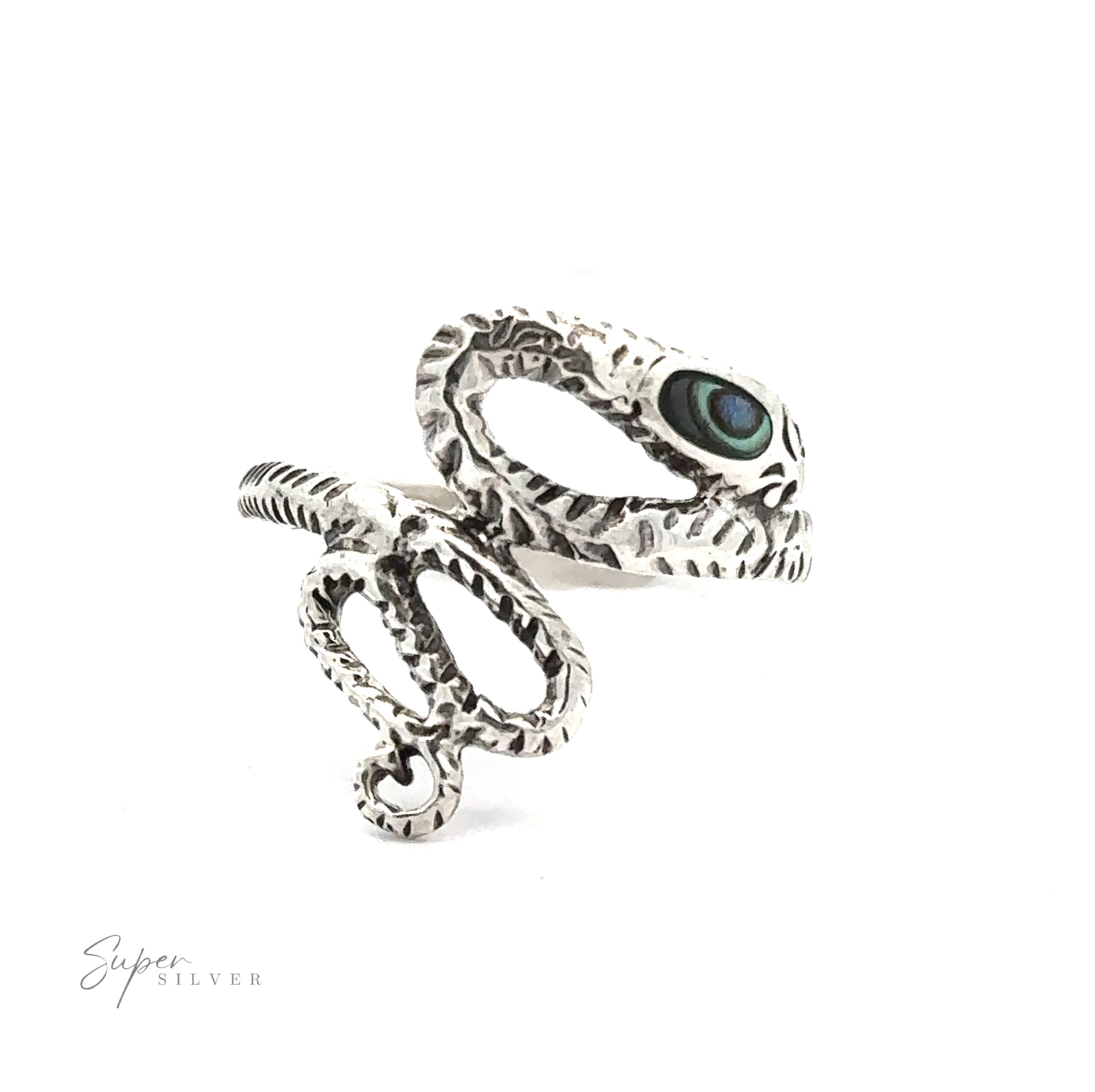 The Inlay Stone Snake Rings showcase a gothic design with a silver, serpent-shaped structure, featuring textured detailing and a green oval gem accent, all crafted in sterling silver for an elegant touch.