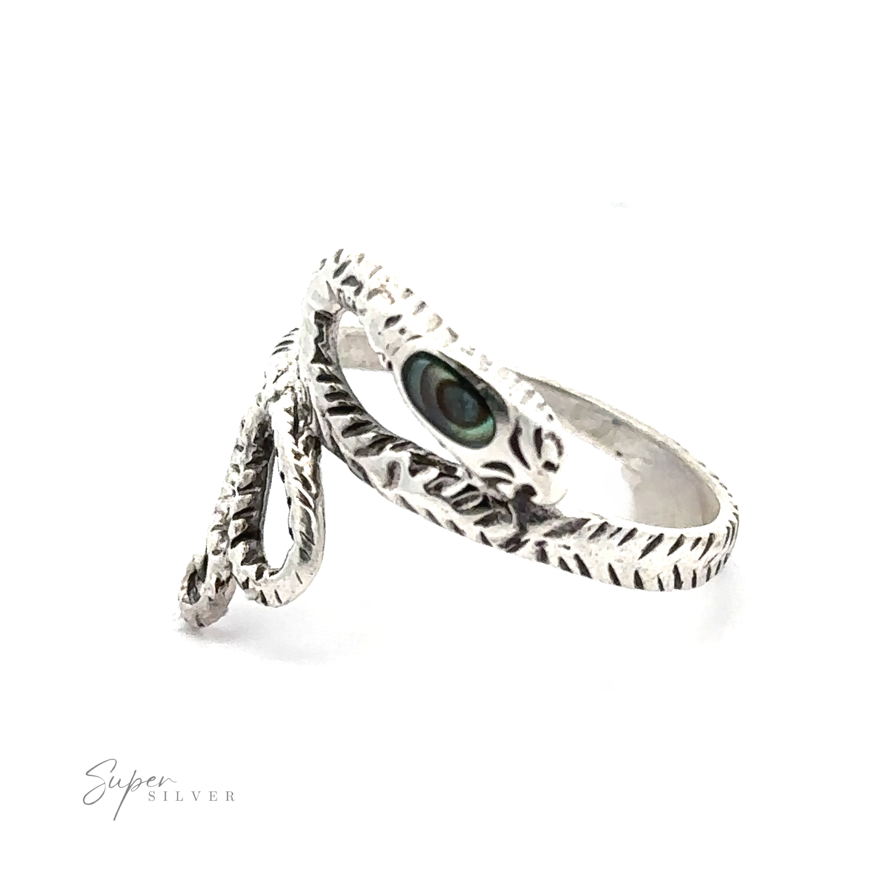 Inlay Stone Snake Ring showcasing a textured sterling silver band with a vibrant green stone eye, presented on a plain white background.