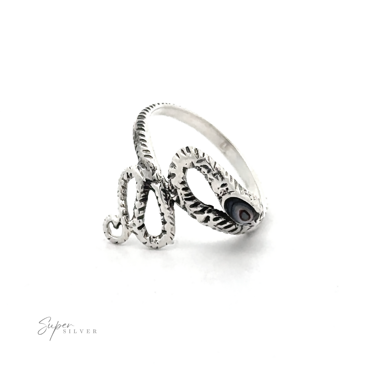 
                  
                    Inlay Stone Snake Rings crafted from sterling silver in a Gothic snake shape, featuring intricate detailing and adorned with a small dark abalone stone, set against a white background.
                  
                