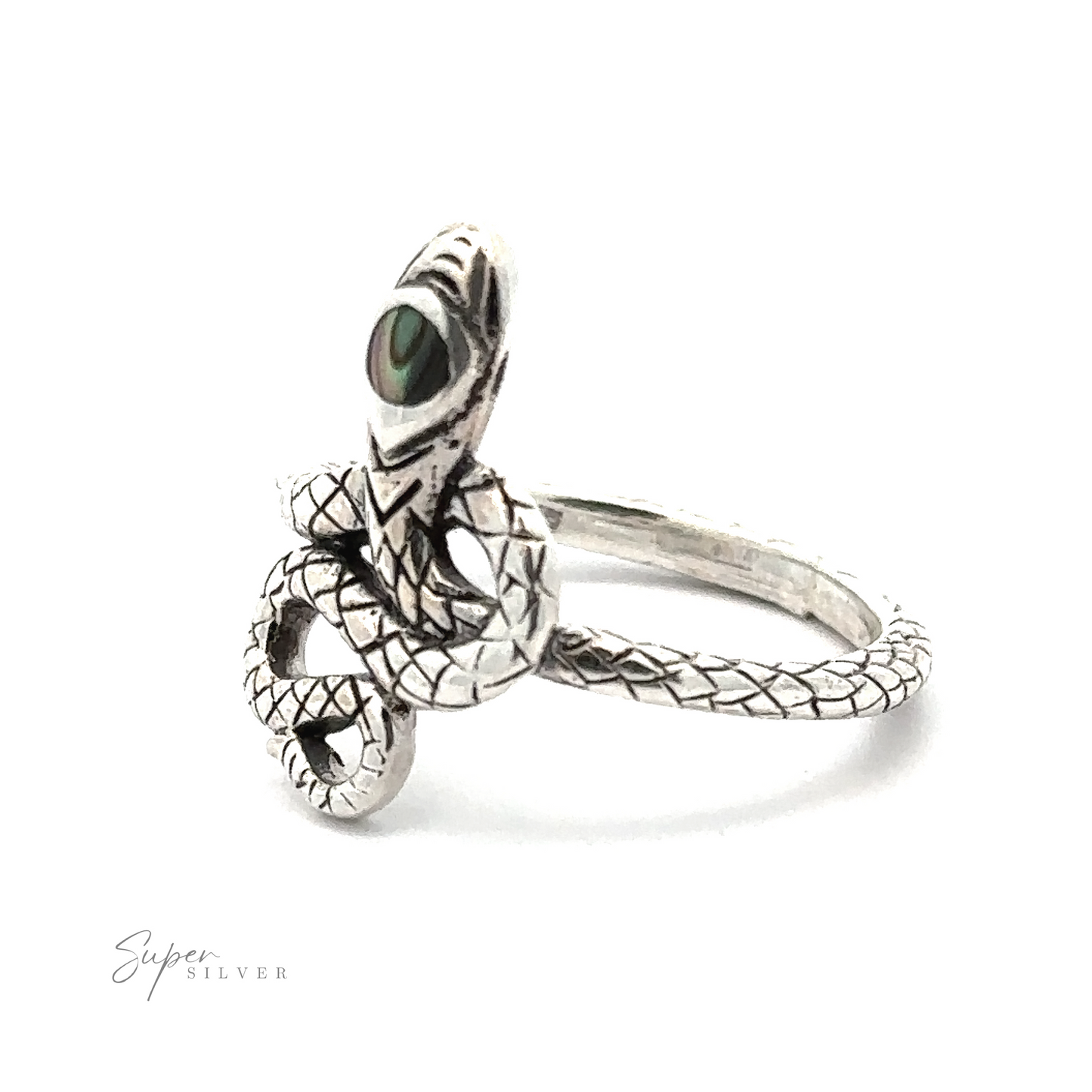 
                  
                    The Coiled Snake Ring with Inlaid Stone is a sterling silver piece designed to resemble a serpent coiled around the band. It features detailed scales and a green gemstone set as the snake's eye, embodying the essence of transformation jewelry.
                  
                