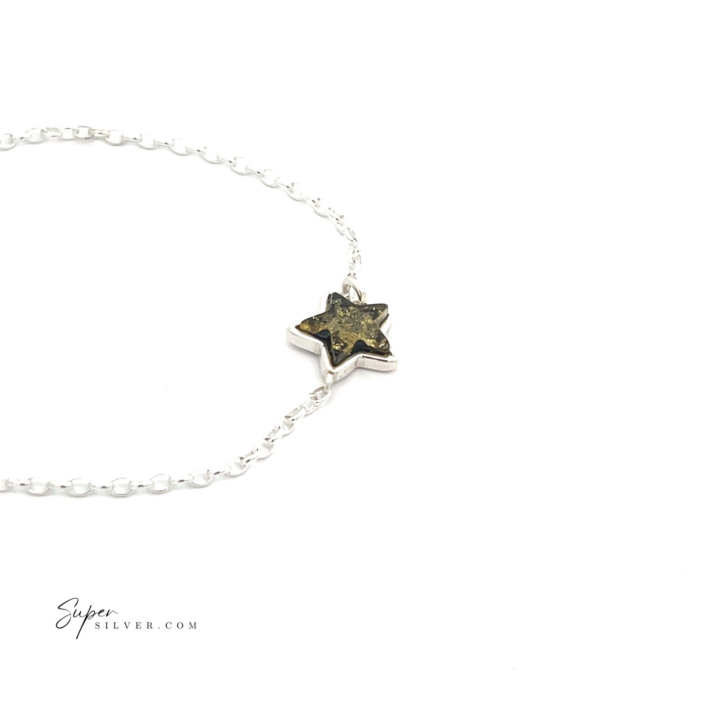 
                  
                    Introducing the Simple Amber Star Bracelet: a silver minimalist chain bracelet adorned with a celestial charm, featuring a star-shaped pendant with an eye-catching mottled dark green and gold design.
                  
                