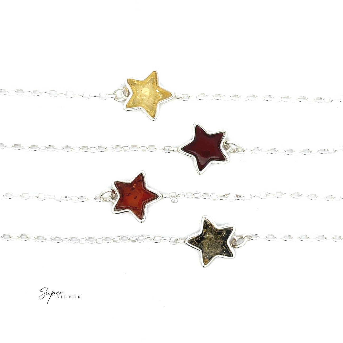 
                  
                    The Simple Amber Star Bracelet, featuring four amber-toned star pendants suspended from a minimalist sterling silver chain, is arranged horizontally on a white background.
                  
                